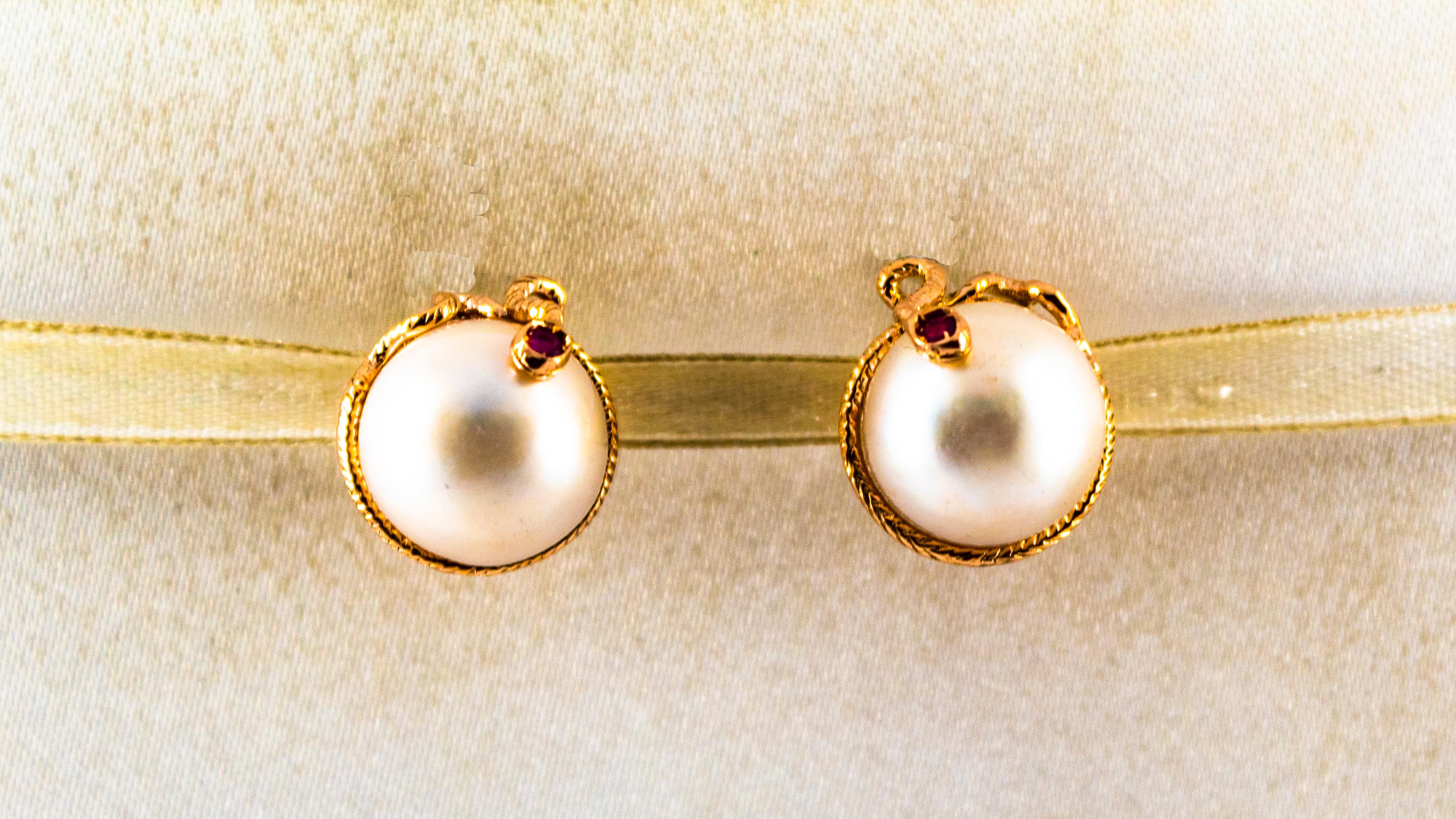 Women's or Men's Art Nouveau 0.12 Carat Ruby Mabe Pearl Yellow Gold Clip-On Dangle Snake Earrings For Sale