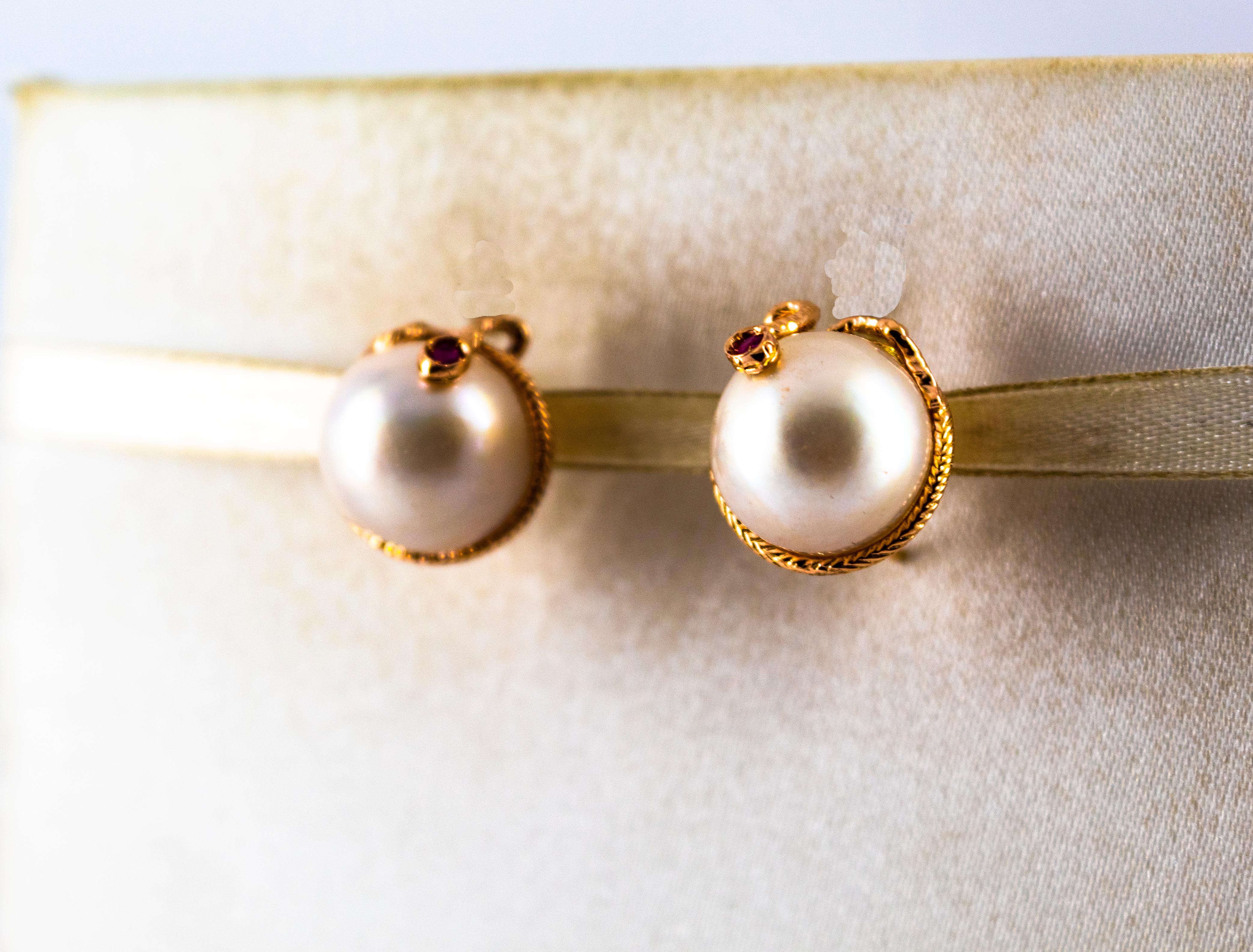 Art Nouveau 0.12 Carat Ruby Mabe Pearl Yellow Gold Clip-On Dangle Snake Earrings For Sale 2