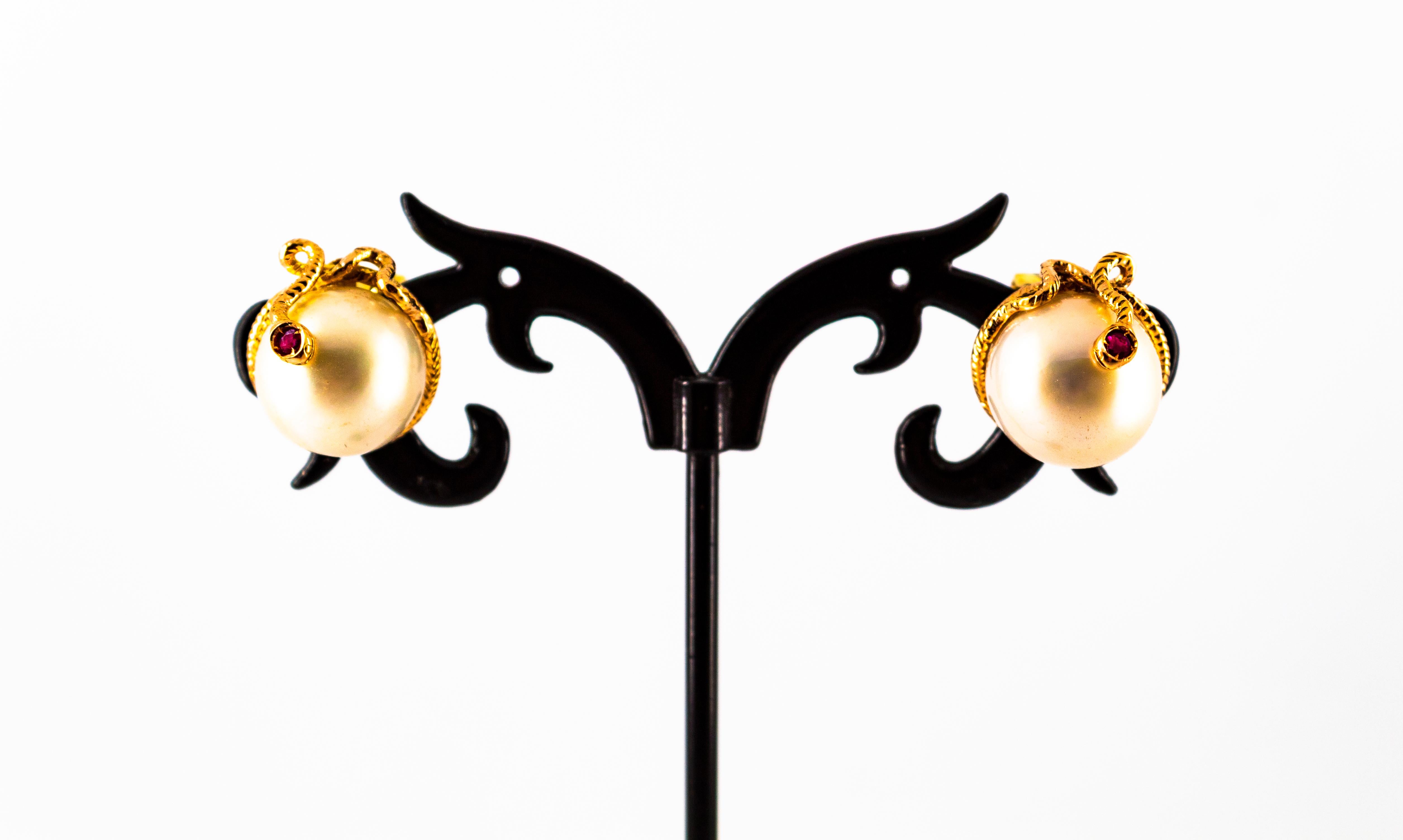 Art Nouveau 0.12 Carat Ruby Mabe Pearl Yellow Gold Clip-On Dangle Snake Earrings For Sale 3