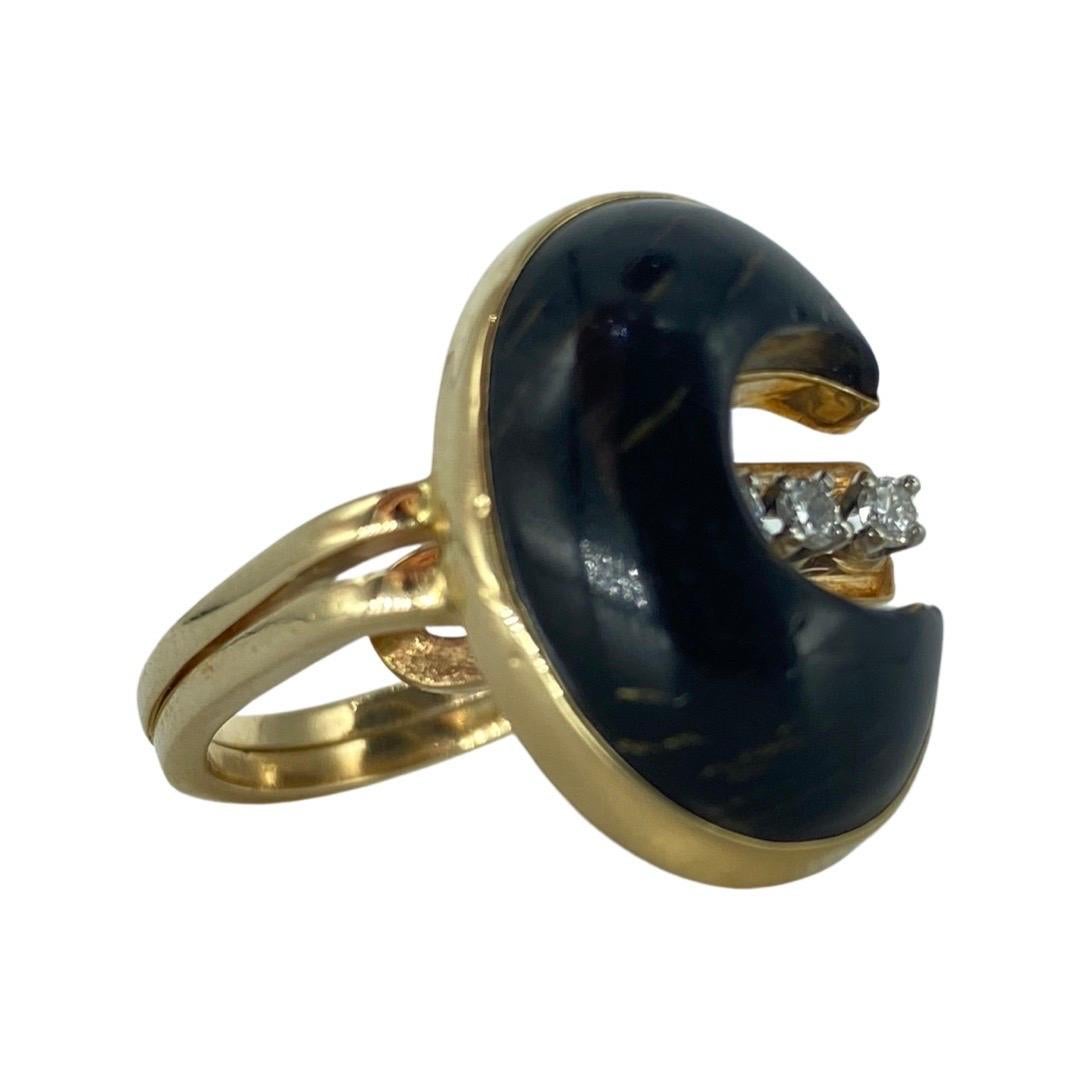 Art Nouveau 0.15 Carat Diamond Black Tiger Eye Moon Cut Double Cocktail Ring For Sale 1