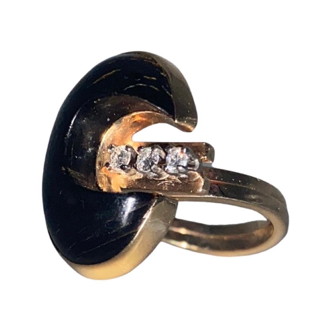 Art Nouveau 0.15 Carat Diamond Black Tiger Eye Moon Cut Double Cocktail Ring For Sale 2