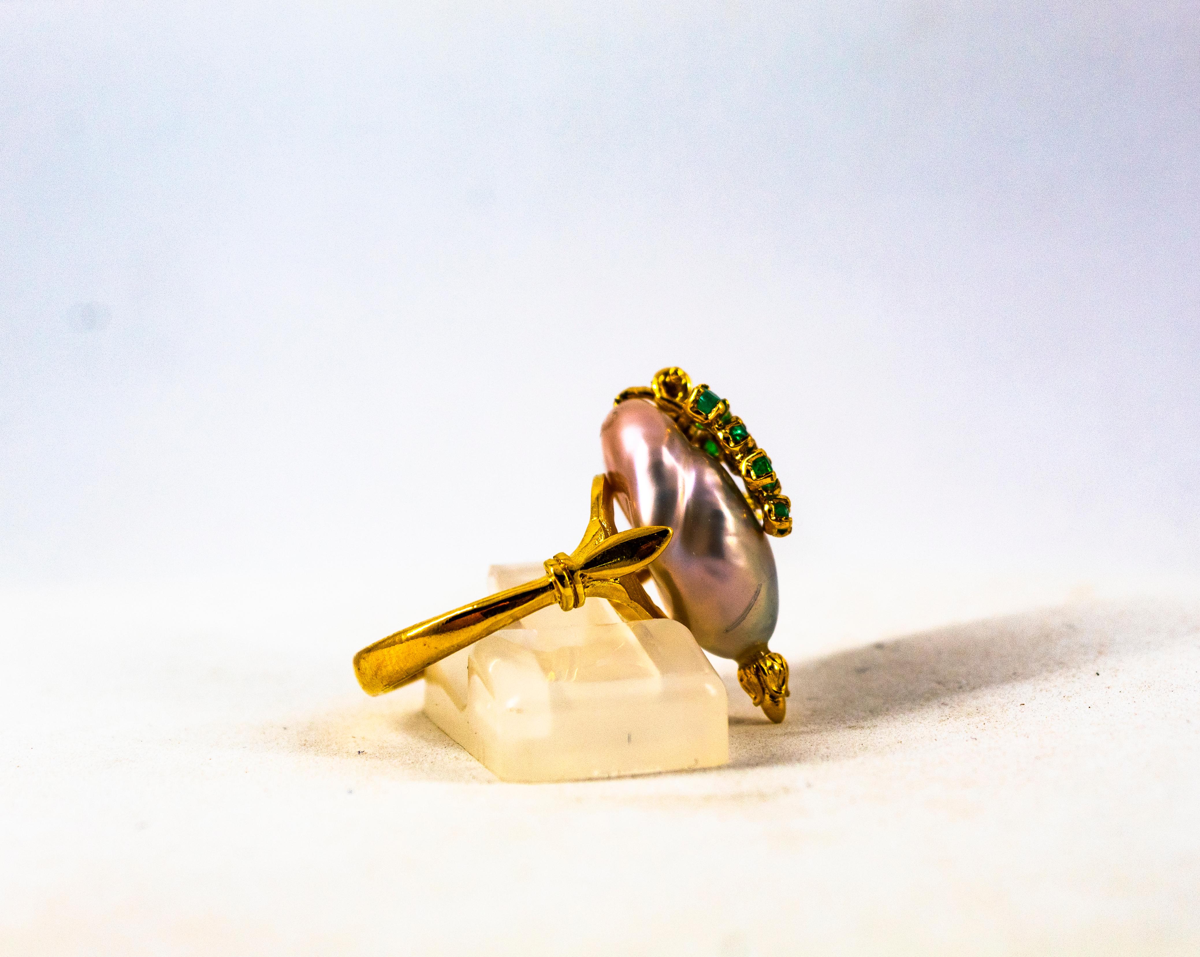 Art Nouveau Style 0.20 Carat Emerald Pearl Yellow Gold Cocktail Ring 6