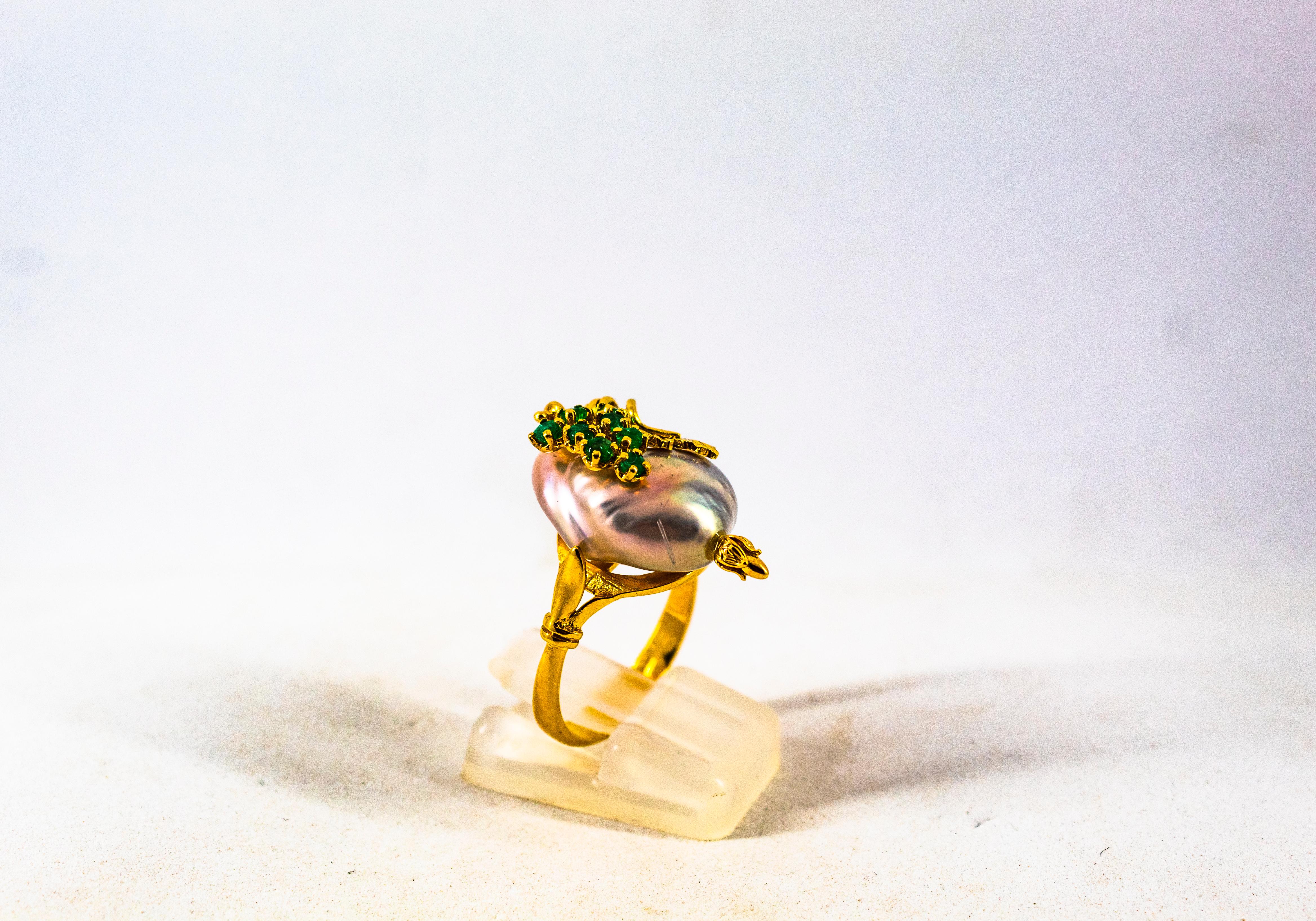 Art Nouveau Style 0.20 Carat Emerald Pearl Yellow Gold Cocktail Ring 2