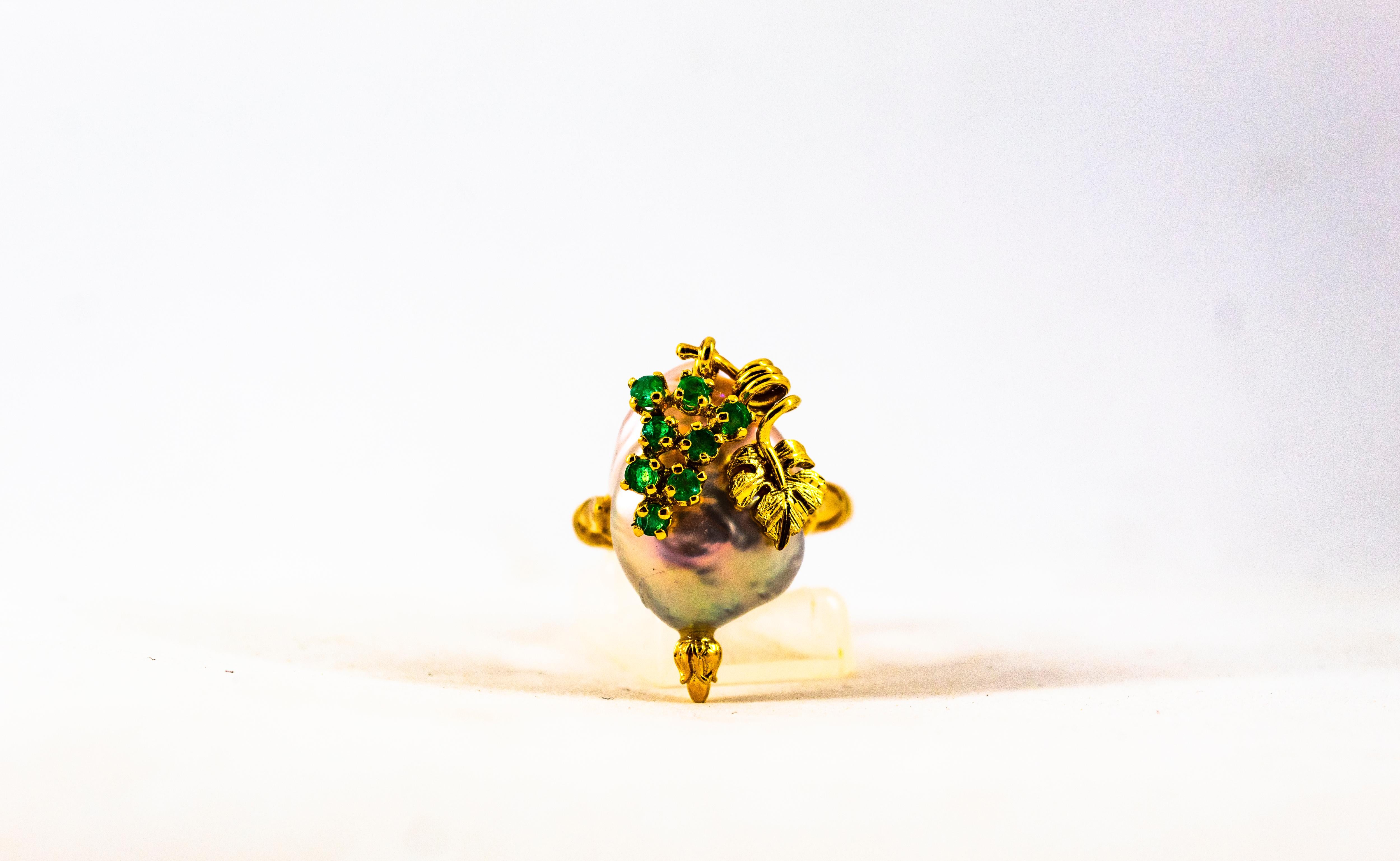 Art Nouveau Style 0.20 Carat Emerald Pearl Yellow Gold Cocktail Ring 3