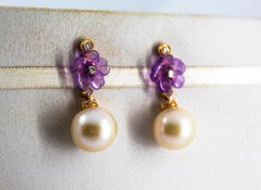 Art Nouveau 0.20 Carat White Diamond Amethyst Pearl Yellow Gold Drop Earrings