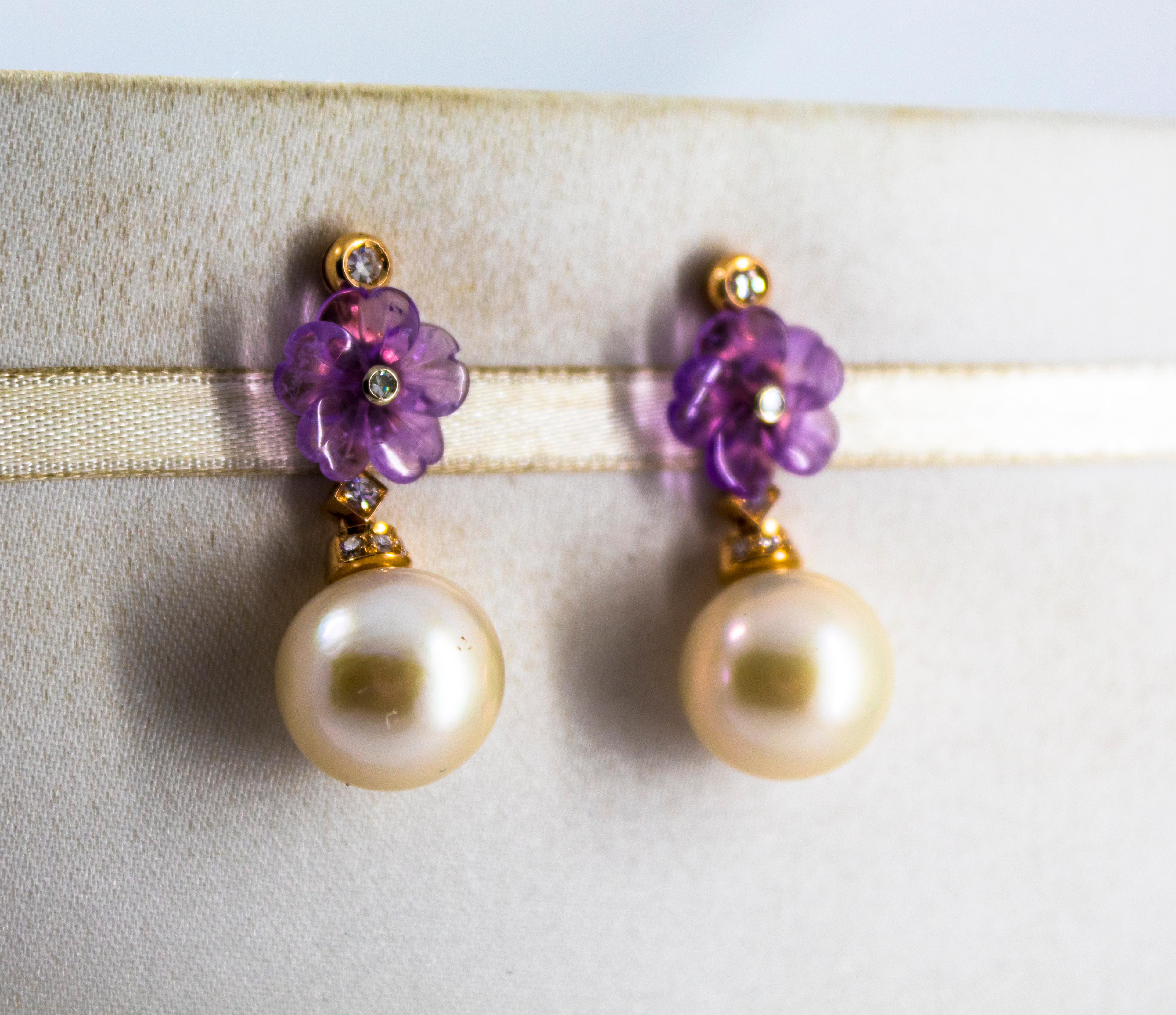Gelbgold-Tropfen-Ohrringe im Jugendstil mit 0,20 Karat weißen Diamanten und Amethyst-Perlen (Art nouveau) im Angebot