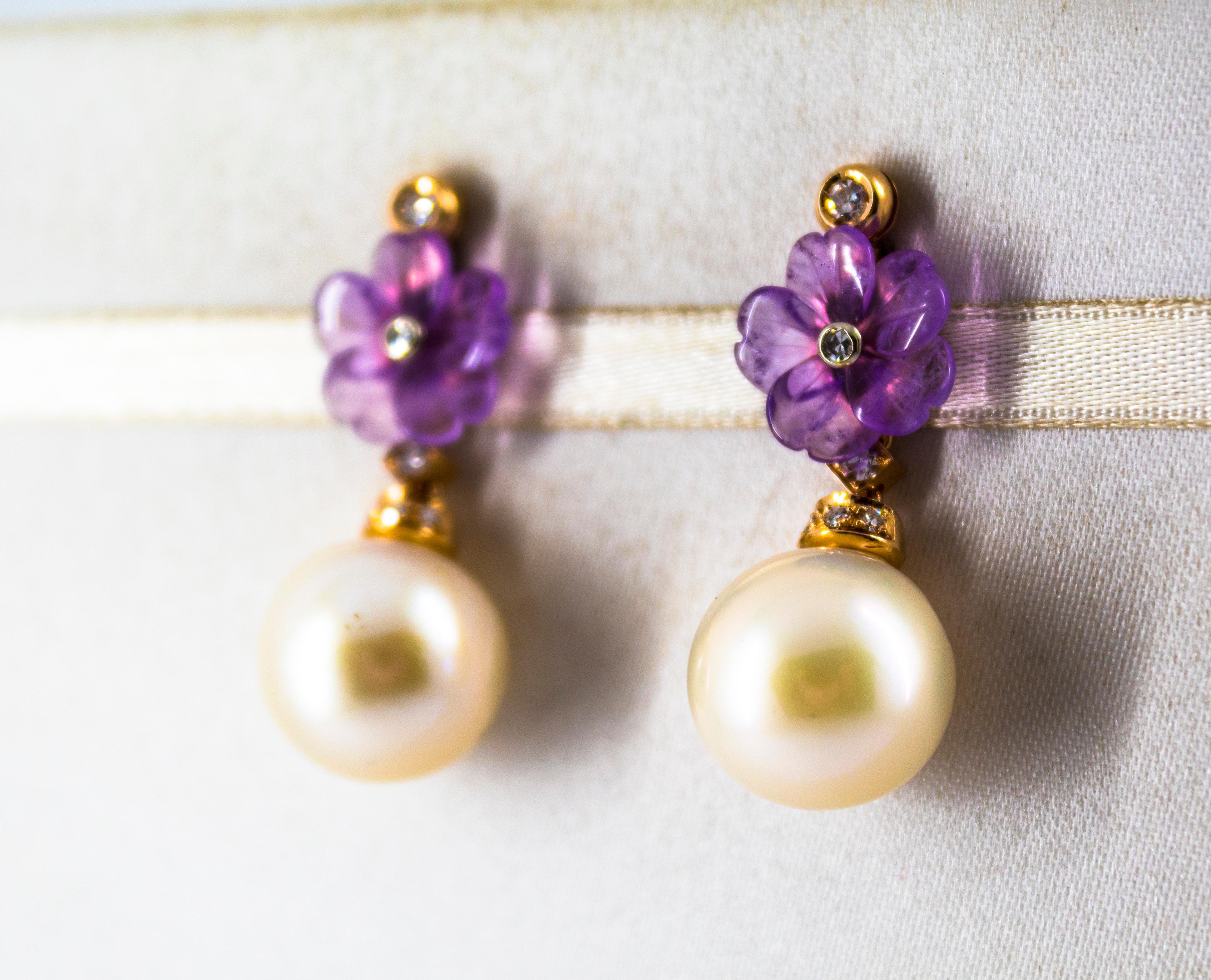 Art Nouveau 0.20 Carat White Diamond Amethyst Pearl Yellow Gold Drop Earrings In New Condition In Naples, IT