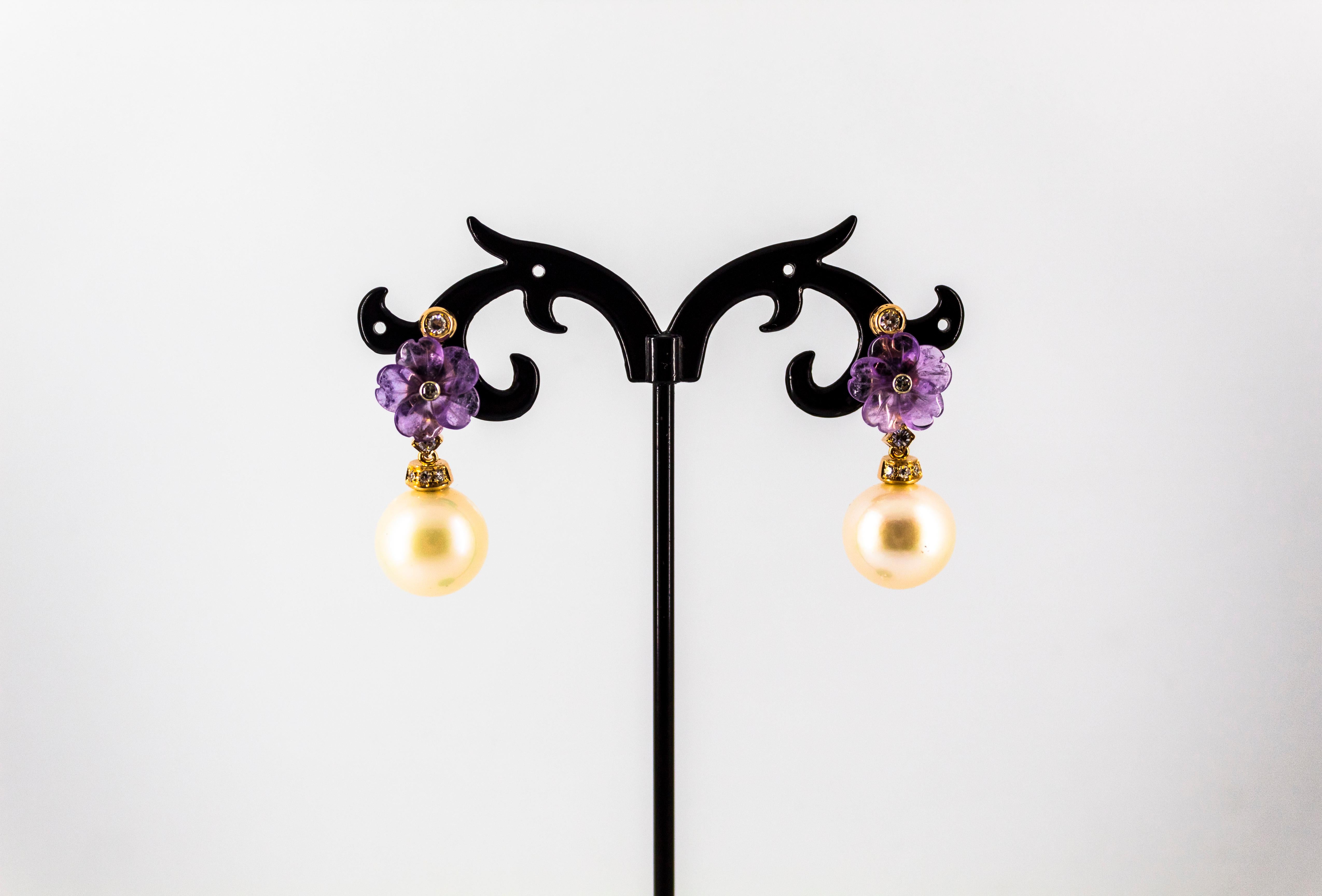 Gelbgold-Tropfen-Ohrringe im Jugendstil mit 0,20 Karat weißen Diamanten und Amethyst-Perlen im Zustand „Neu“ im Angebot in Naples, IT