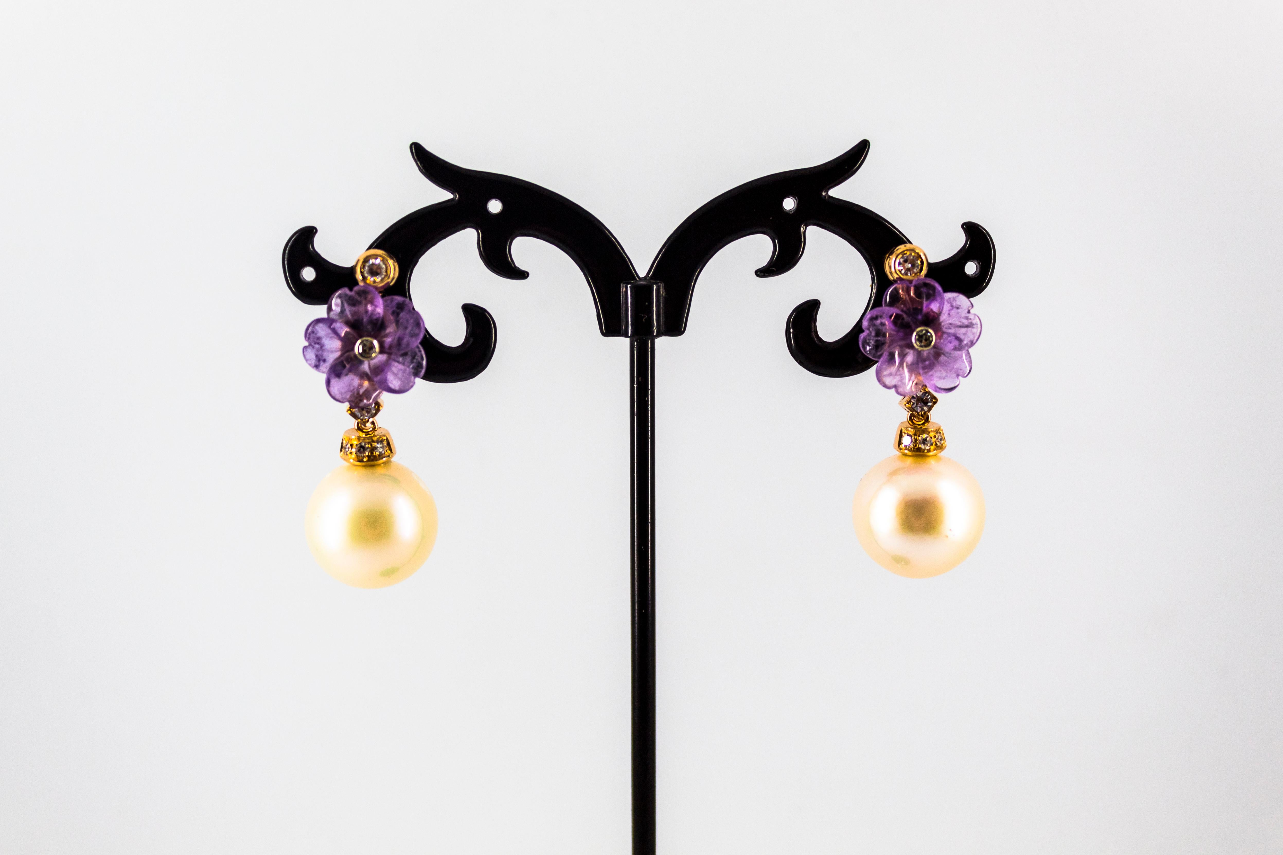 Art Nouveau 0.20 Carat White Diamond Amethyst Pearl Yellow Gold Drop Earrings For Sale 1