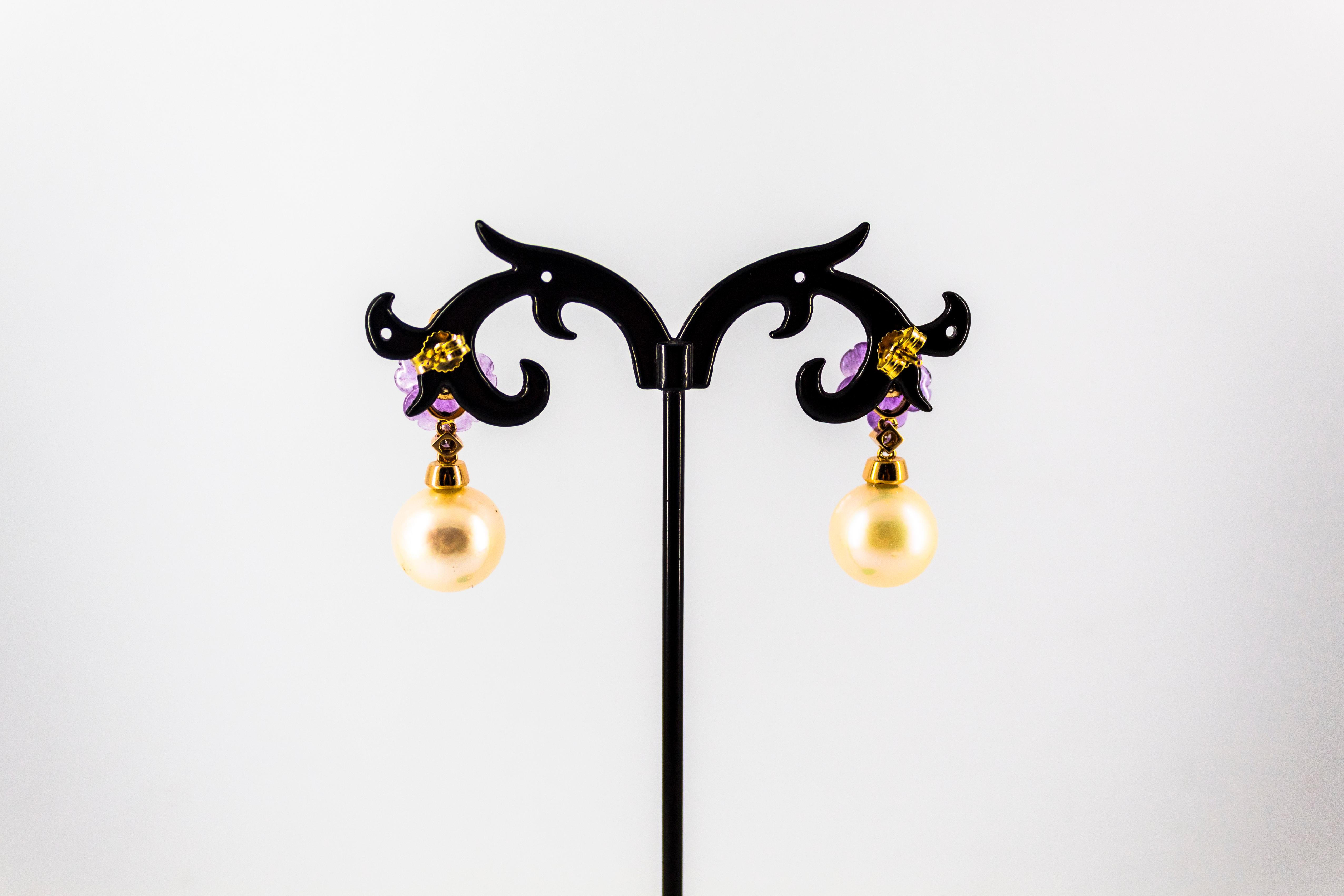 Art Nouveau 0.20 Carat White Diamond Amethyst Pearl Yellow Gold Drop Earrings 3