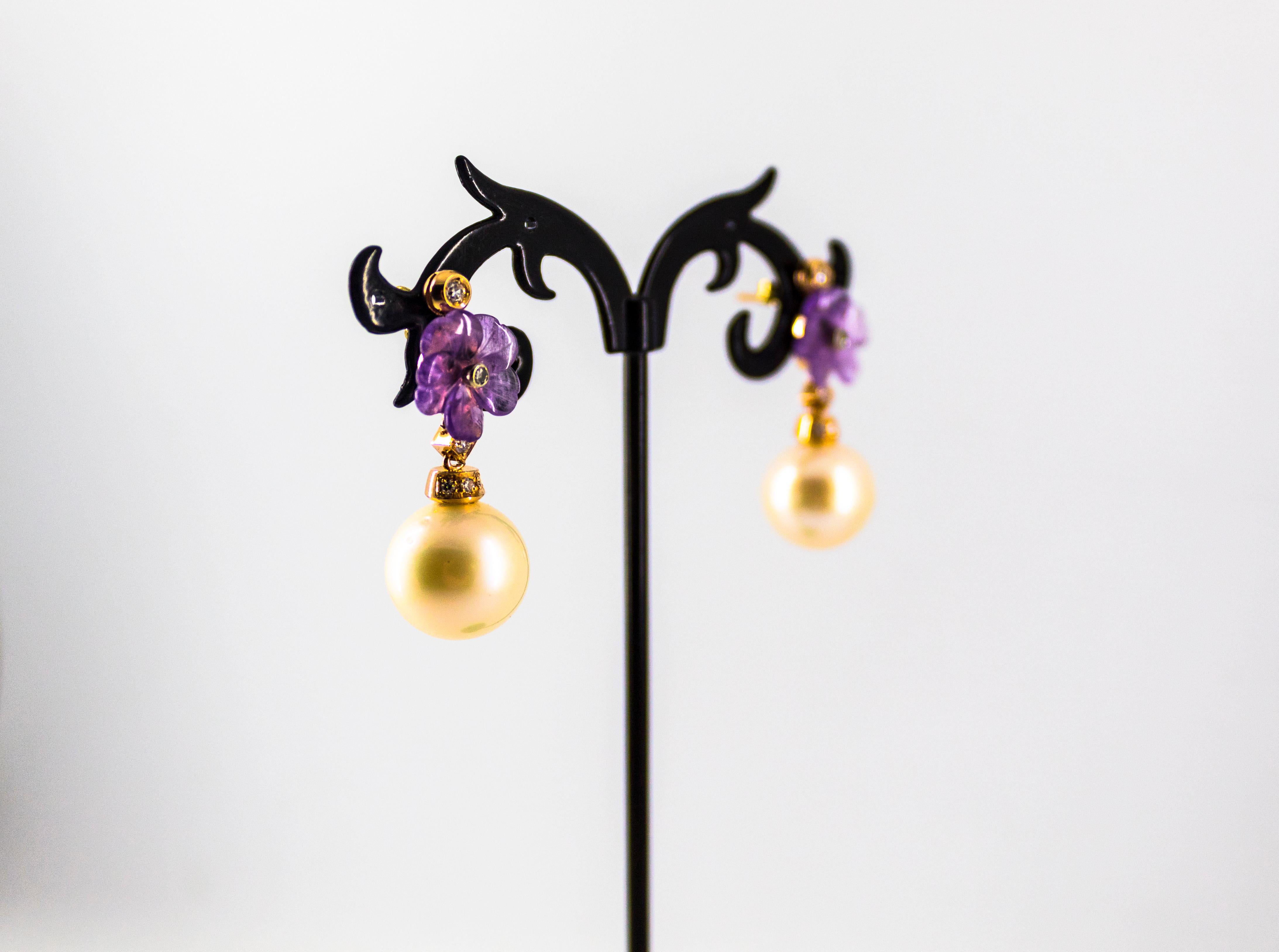 Art Nouveau 0.20 Carat White Diamond Amethyst Pearl Yellow Gold Drop Earrings For Sale 4