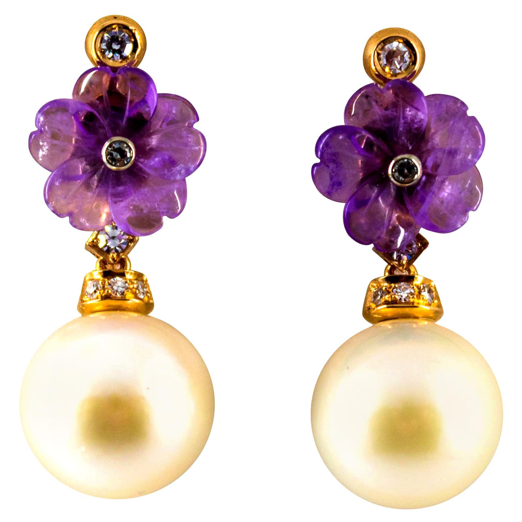 Art Nouveau 0.20 Carat White Diamond Amethyst Pearl Yellow Gold Drop Earrings For Sale