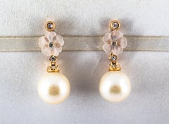 Art Nouveau 0.20 Carat White Diamond Rock Crystal Pearl Yellow Gold Earrings