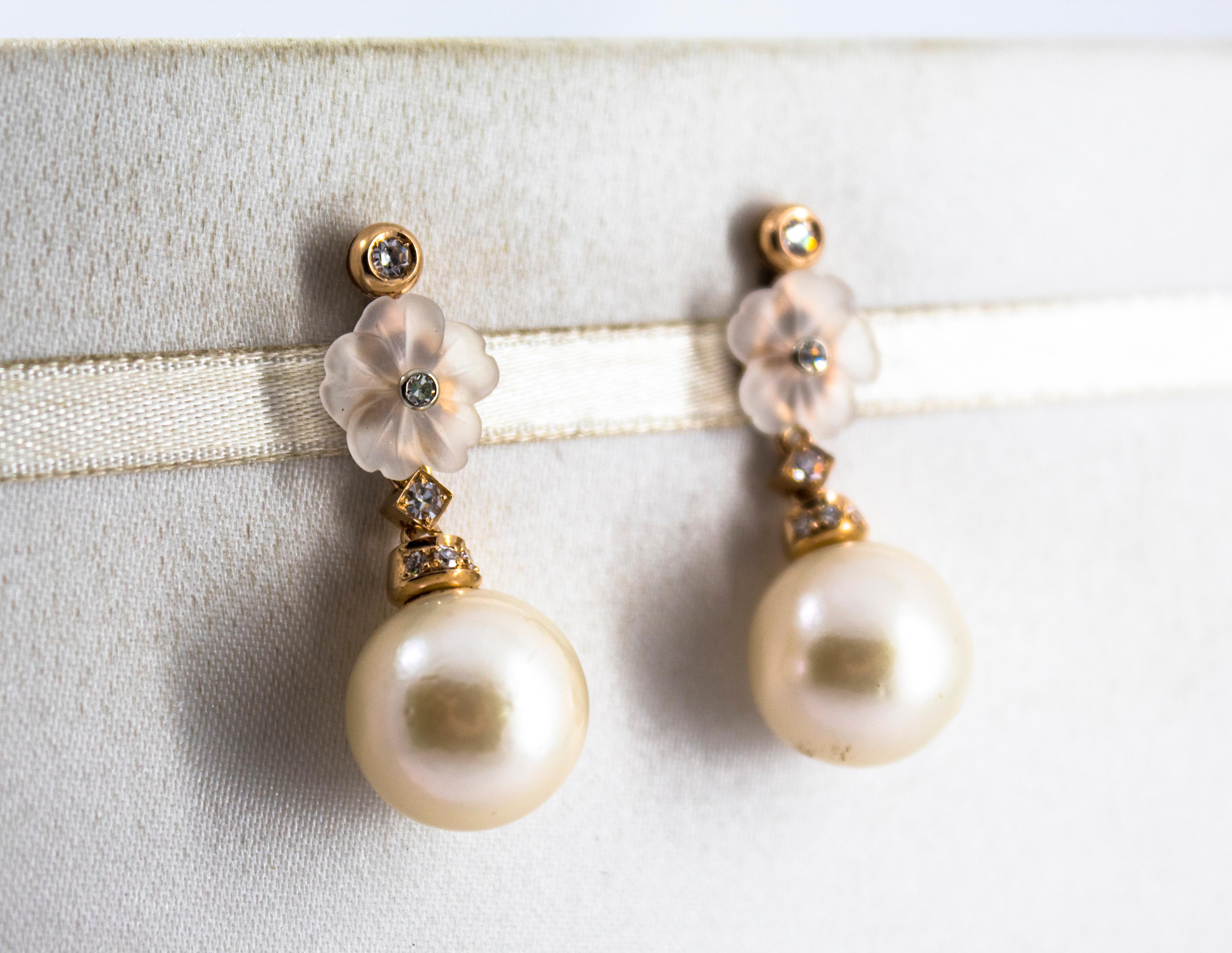 Brilliant Cut Art Nouveau 0.20 Carat White Diamond Rock Crystal Pearl Yellow Gold Earrings