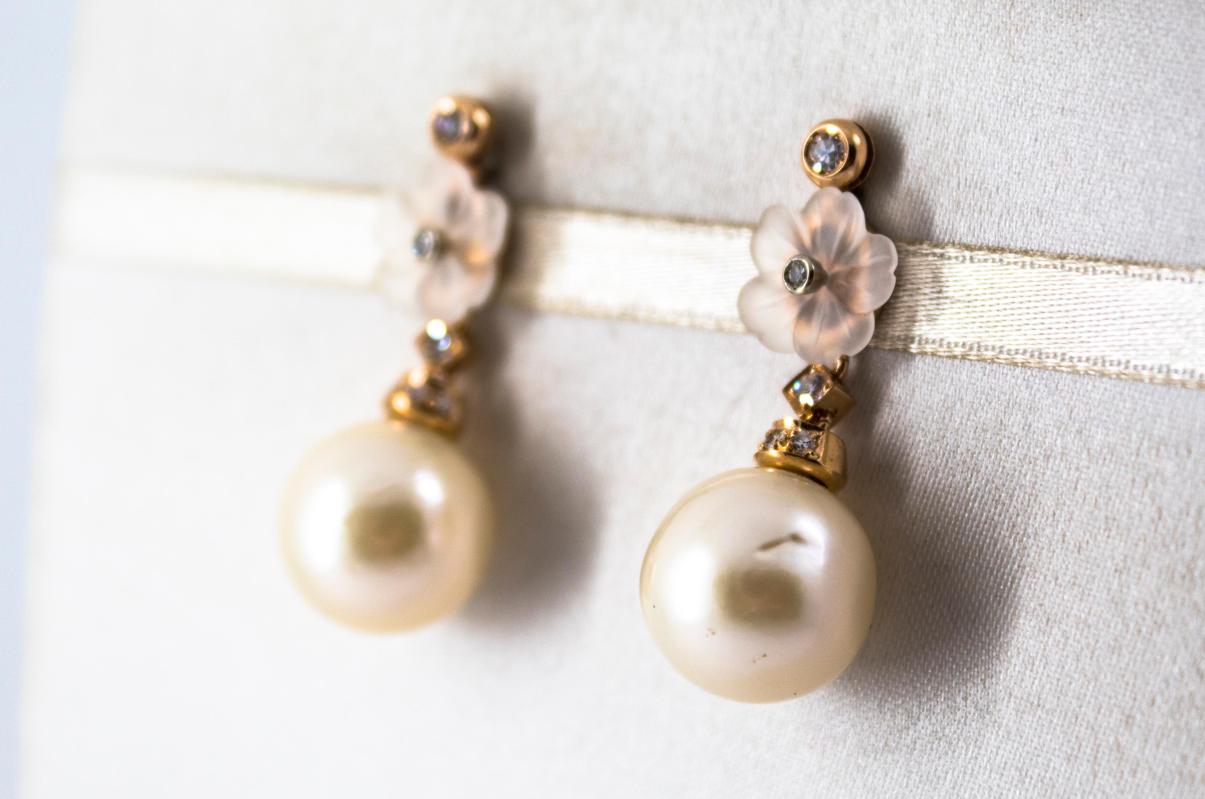Women's or Men's Art Nouveau 0.20 Carat White Diamond Rock Crystal Pearl Yellow Gold Earrings