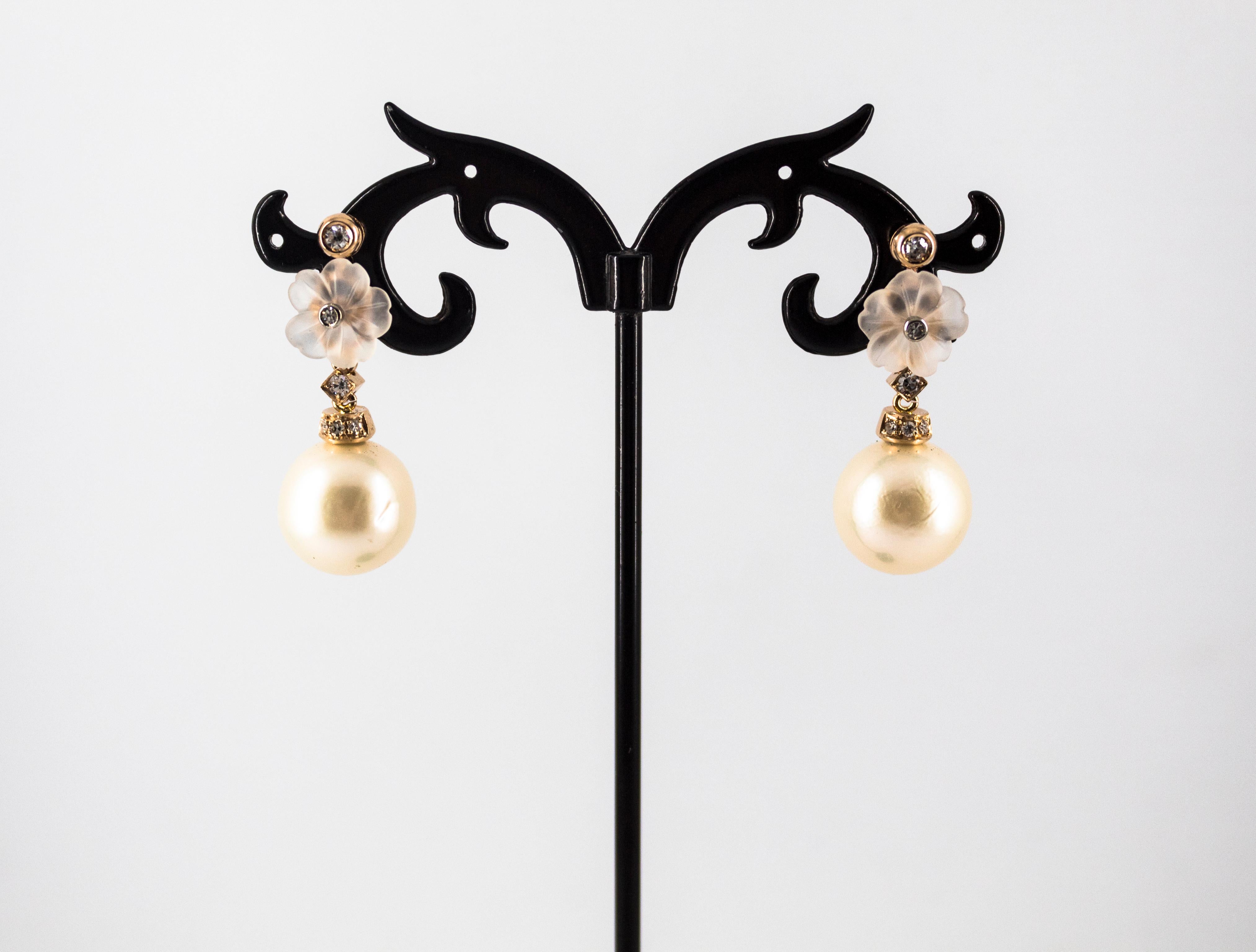 Women's or Men's Art Nouveau 0.20 Carat White Diamond Rock Crystal Pearl Yellow Gold Earrings