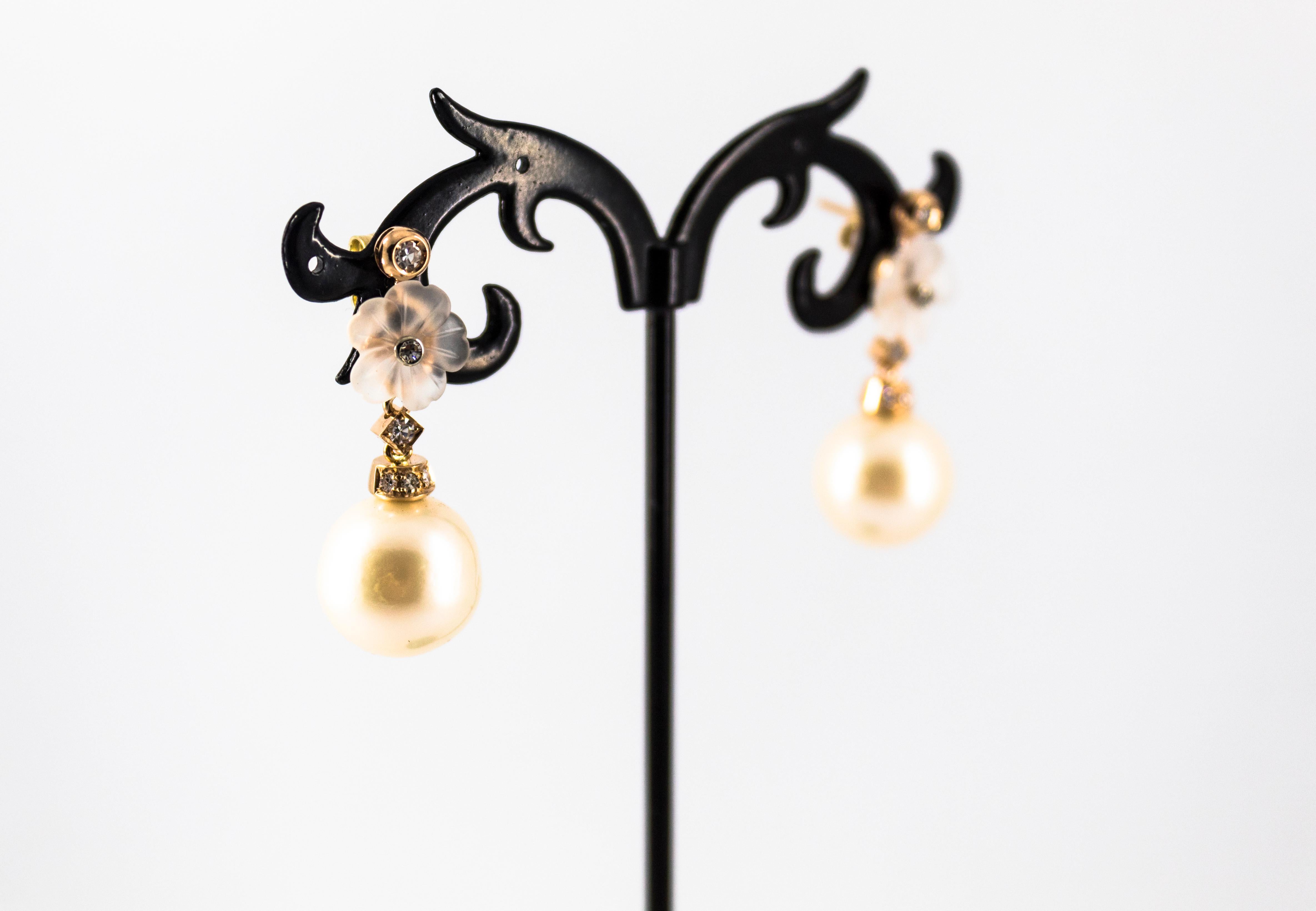 Art Nouveau 0.20 Carat White Diamond Rock Crystal Pearl Yellow Gold Earrings For Sale 1