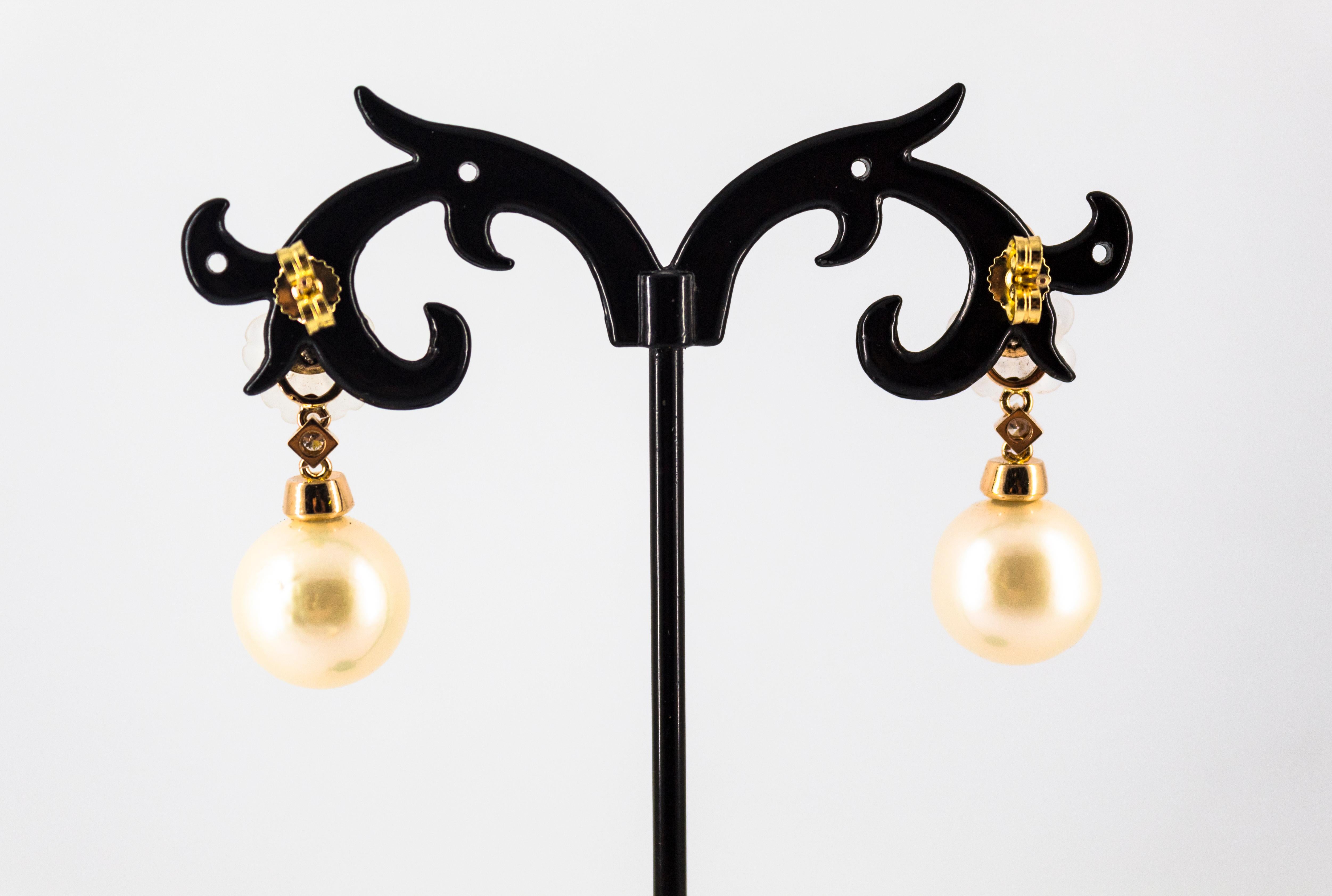 Art Nouveau 0.20 Carat White Diamond Rock Crystal Pearl Yellow Gold Earrings For Sale 2