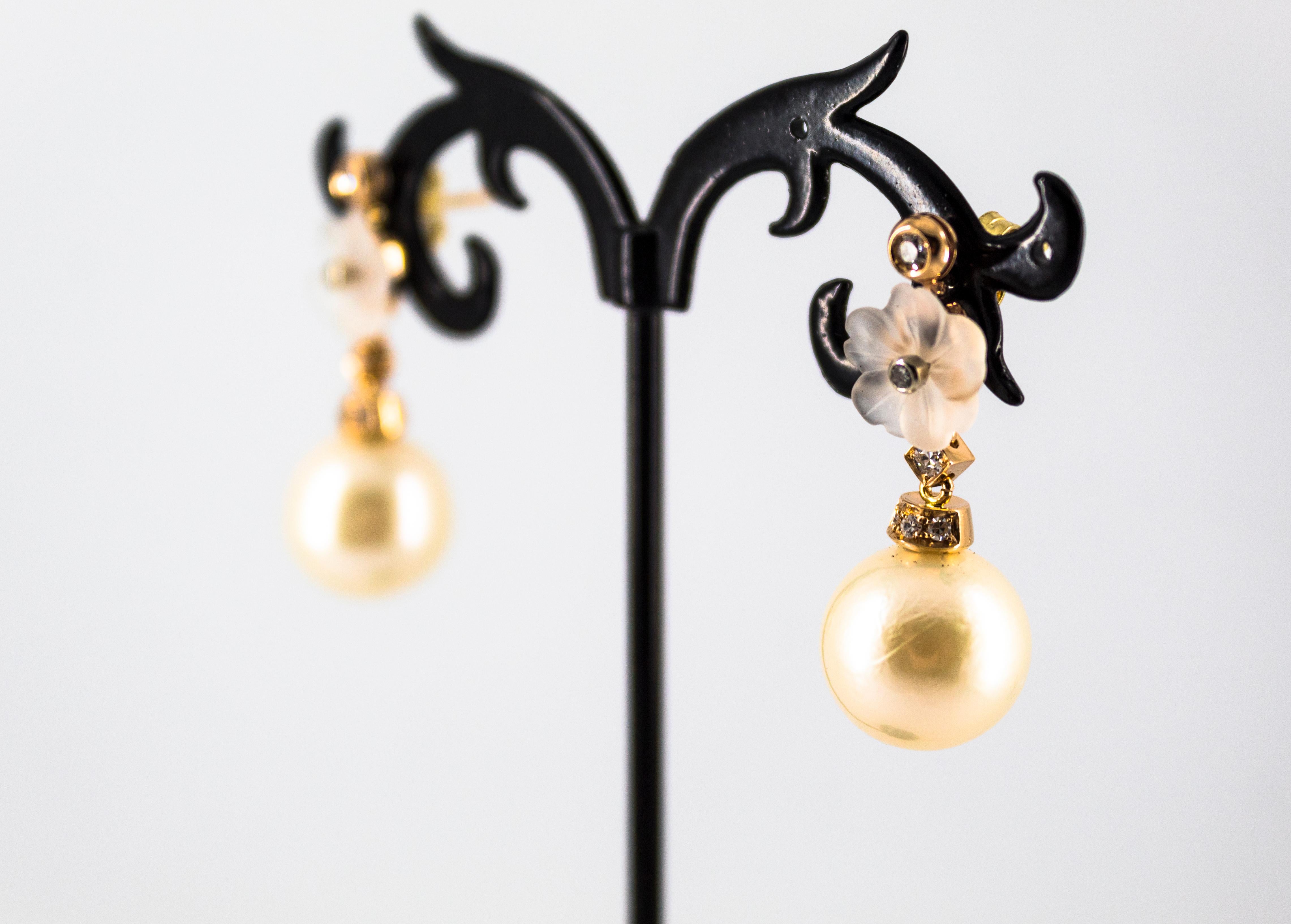 Art Nouveau 0.20 Carat White Diamond Rock Crystal Pearl Yellow Gold Earrings For Sale 3