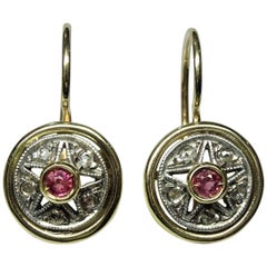Antique Art Nouveau 0.24 Ruby Rose Cut Diamond Yellow Gold Lever-Back Earrings