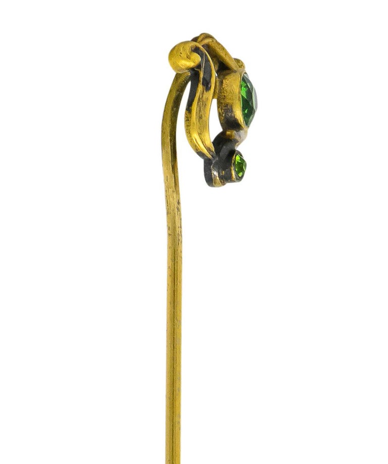 Art Nouveau 0.40 Carat Demantoid Garnet Gold Stylized Whiplash Stickpin In Excellent Condition For Sale In Philadelphia, PA