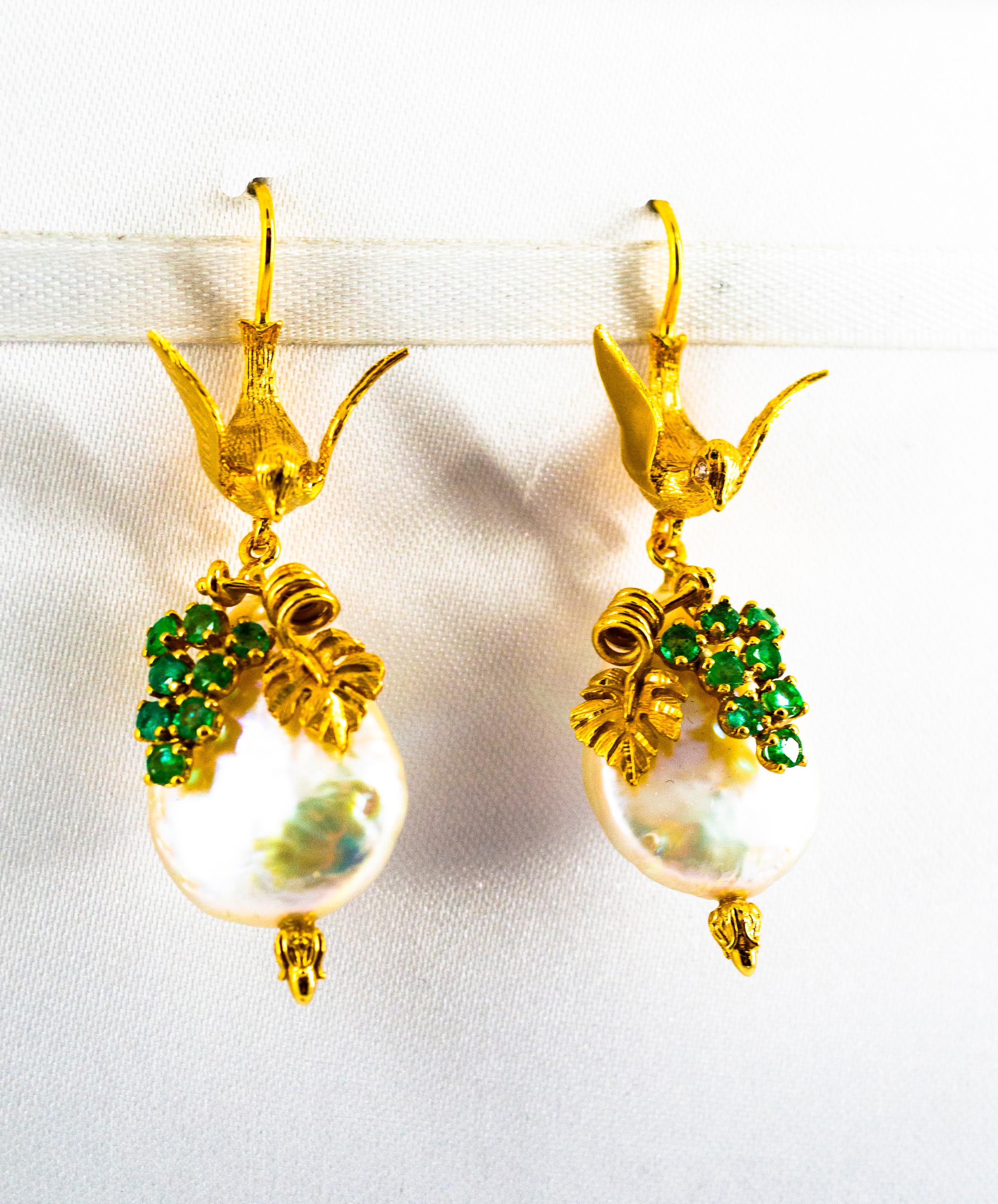 Brilliant Cut Art Nouveau Style 0.40 Carat Emerald Pearl Yellow Gold Stud Drop Earrings