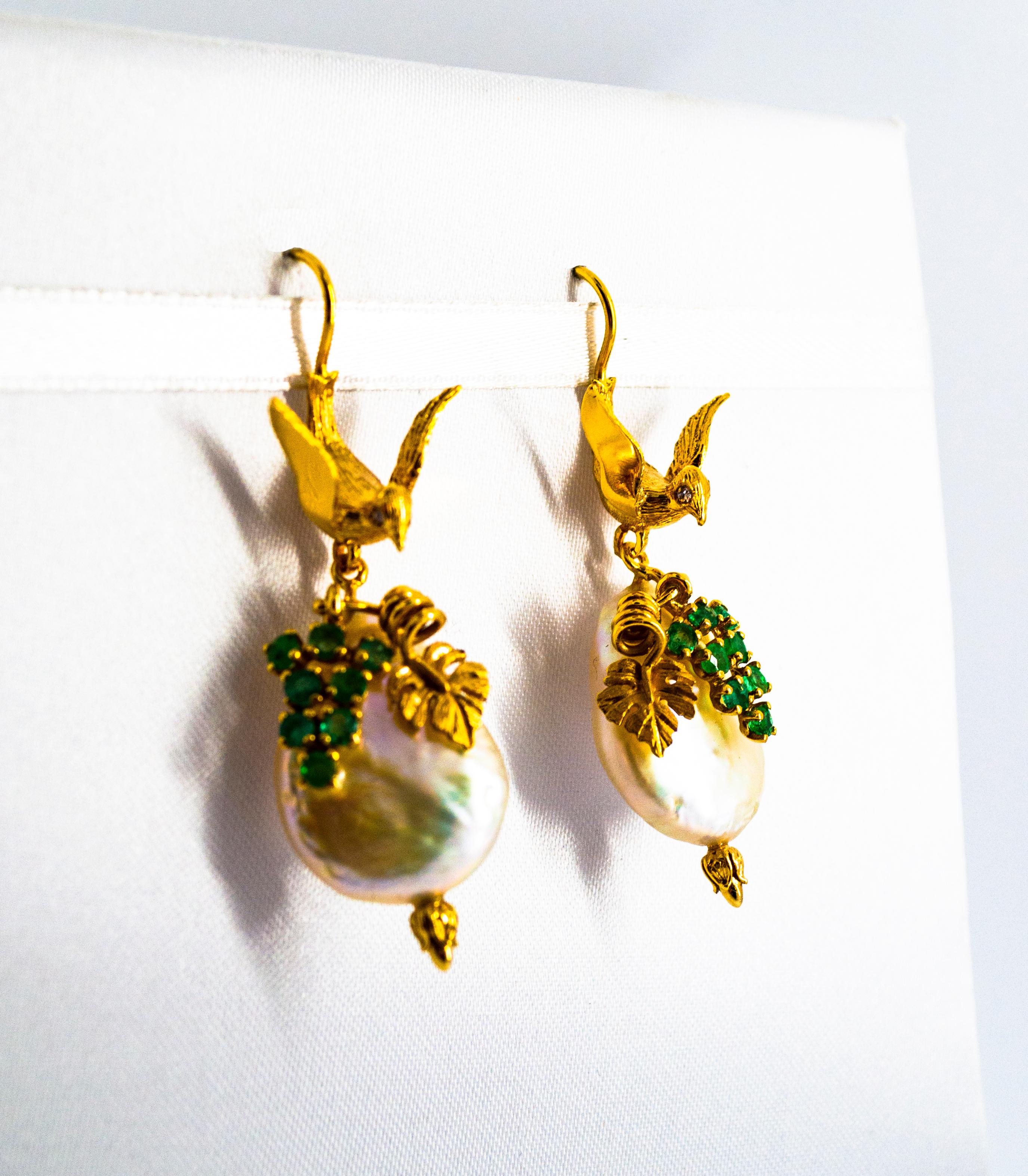 Art Nouveau Style 0.40 Carat Emerald Pearl Yellow Gold Stud Drop Earrings In New Condition In Naples, IT