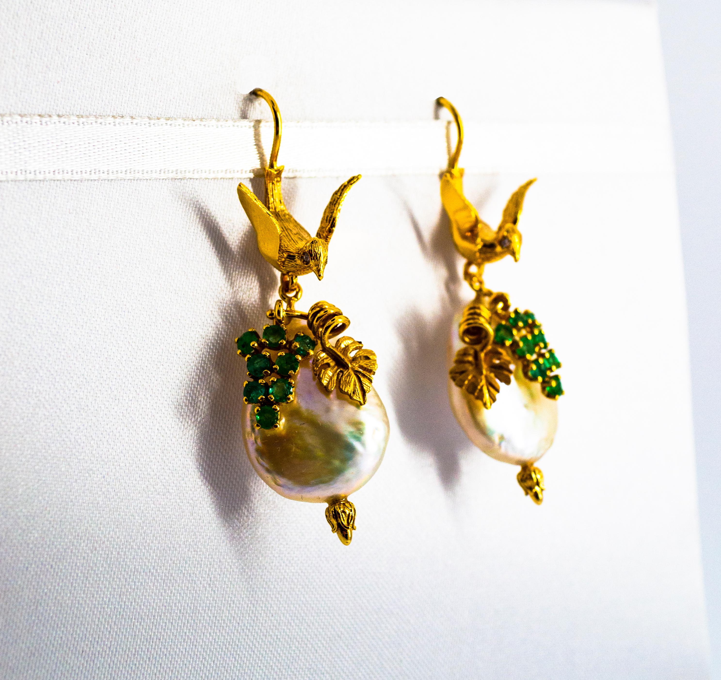 Women's or Men's Art Nouveau Style 0.40 Carat Emerald Pearl Yellow Gold Stud Drop Earrings