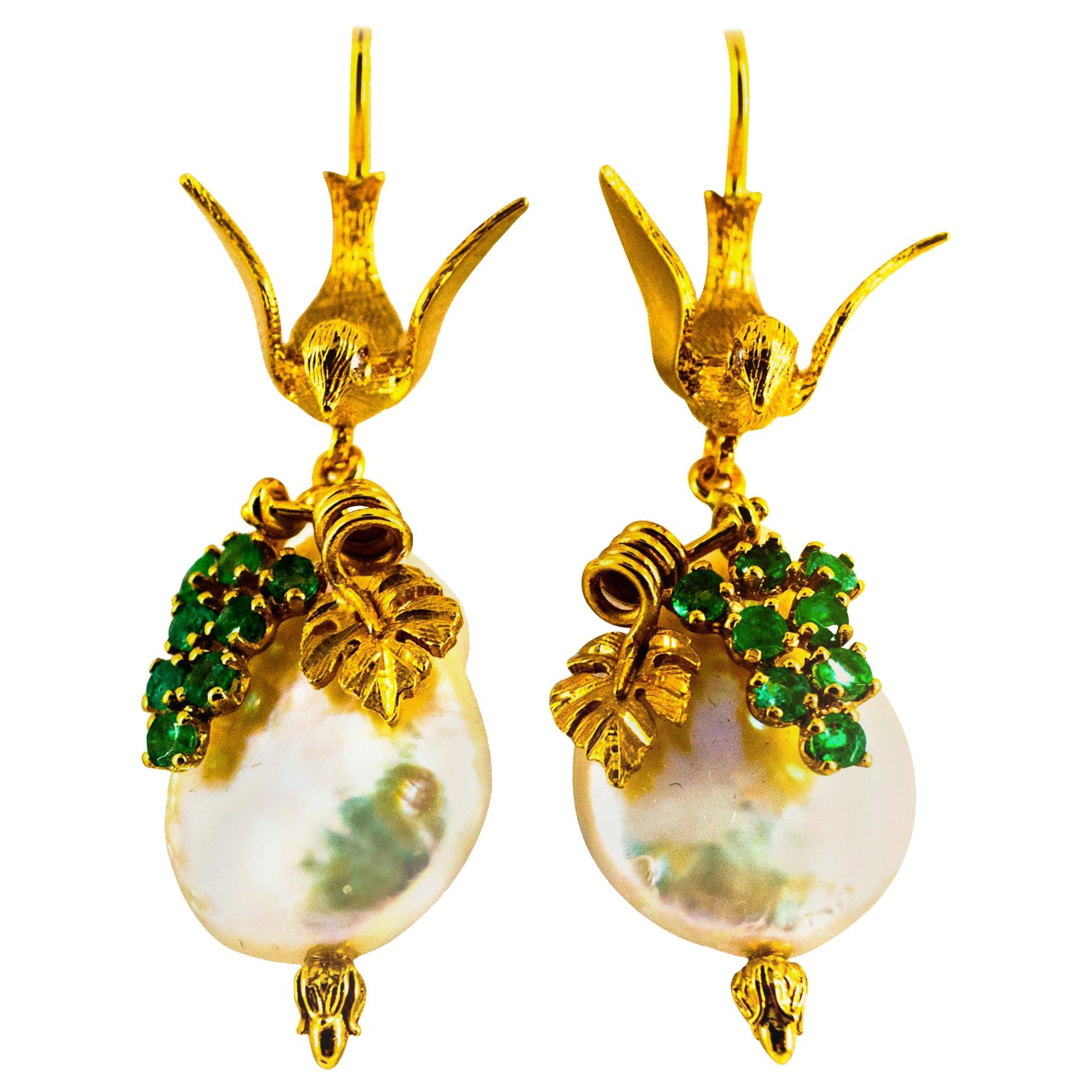 Art Nouveau Style 0.40 Carat Emerald Pearl Yellow Gold Stud Drop Earrings