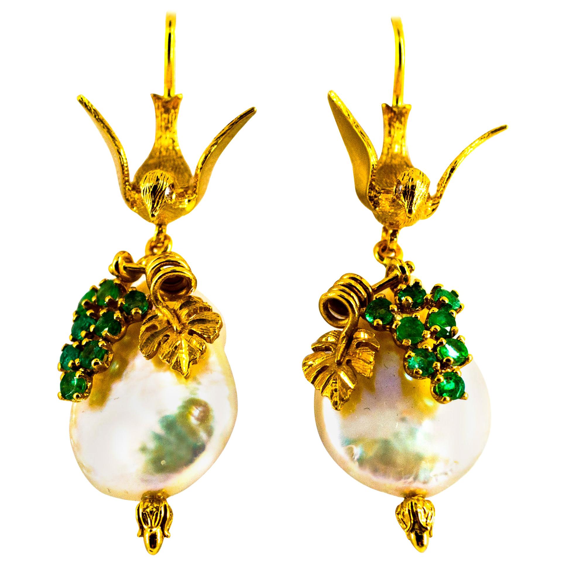 Art Nouveau 0.40 Carat Emerald Pearl Yellow Gold Stud Drop "Birds" Earrings