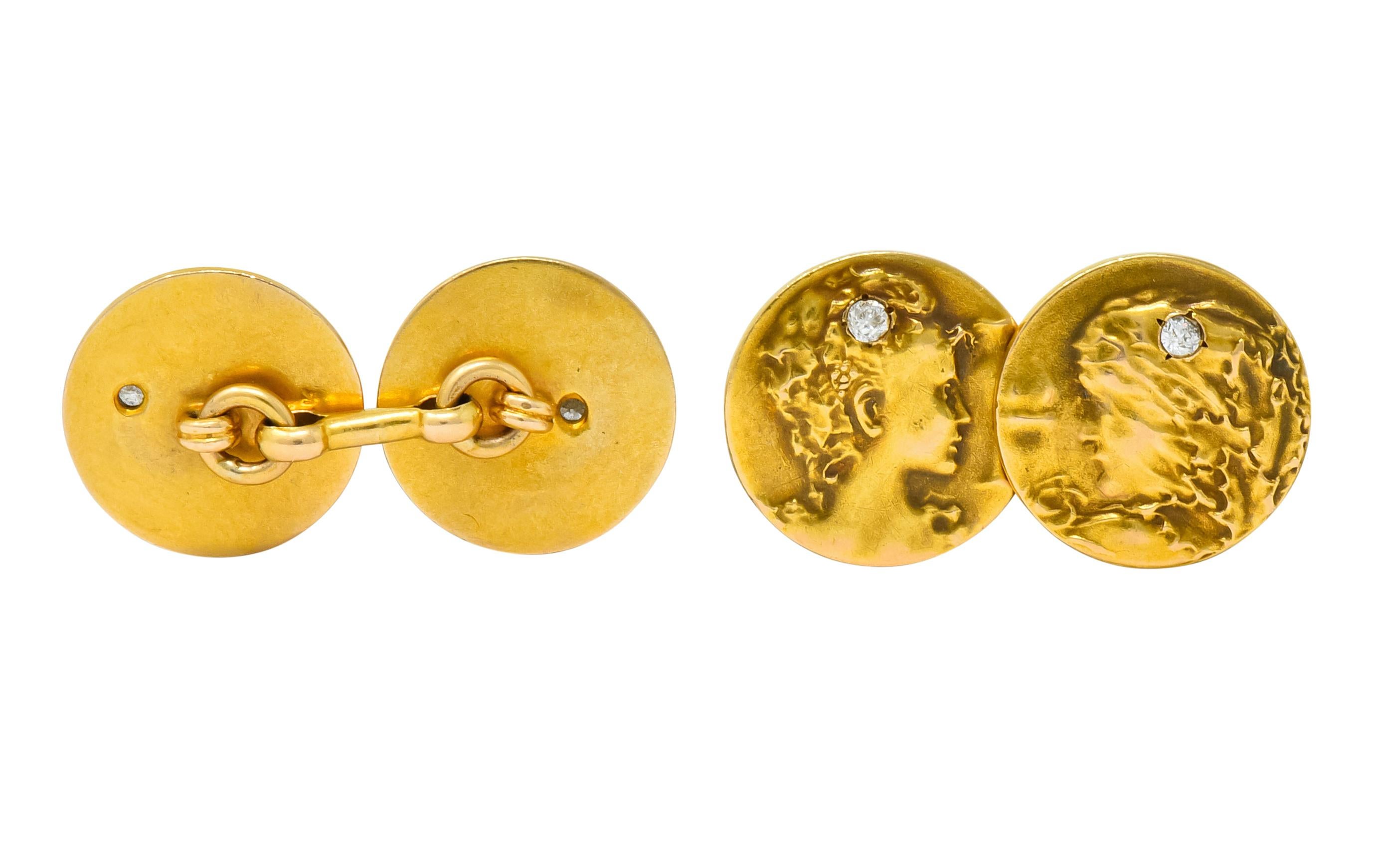 Art Nouveau 0.45 Carat Diamond 14 Karat Gold Men's Four Seasons Cufflinks 2