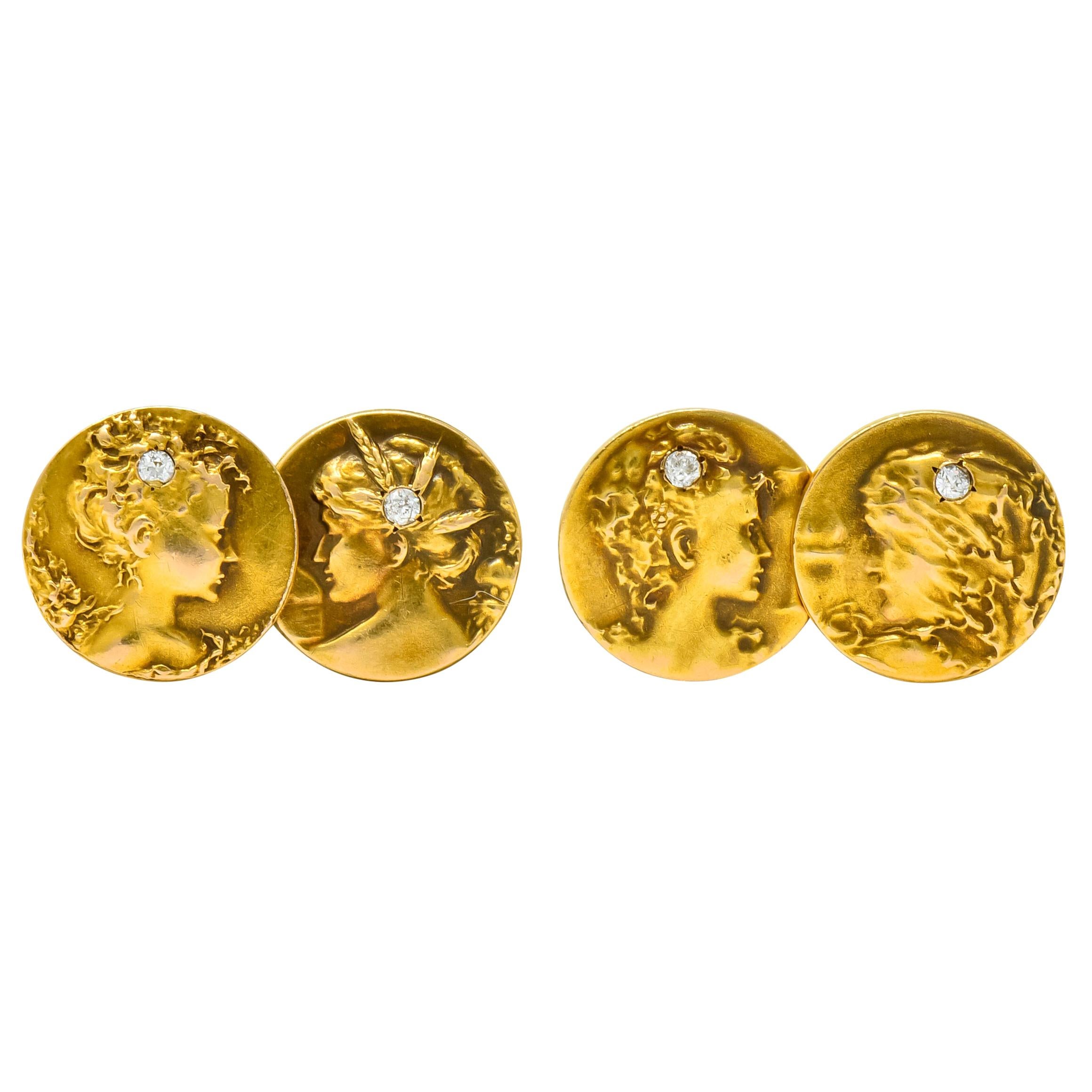 Art Nouveau 0.45 Carat Diamond 14 Karat Gold Men's Four Seasons Cufflinks