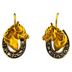 Vintage Art Nouveau 0.50 Carat White Rose Cut Diamond Yellow Gold Dangle Horses Earrings