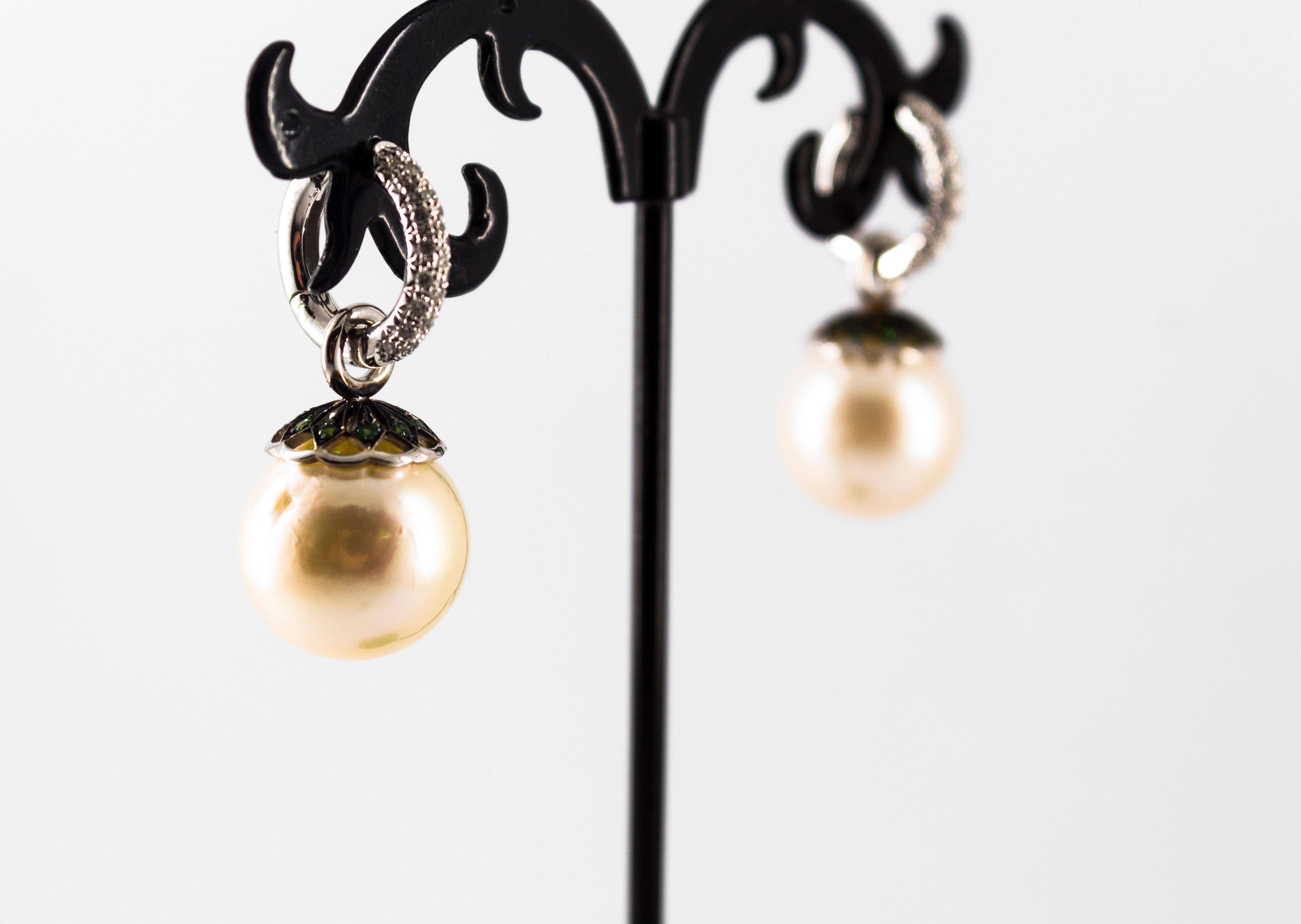 Art Nouveau 0.55 Carat White Diamond Emerald Pearl White Gold Dangle Earrings For Sale 4