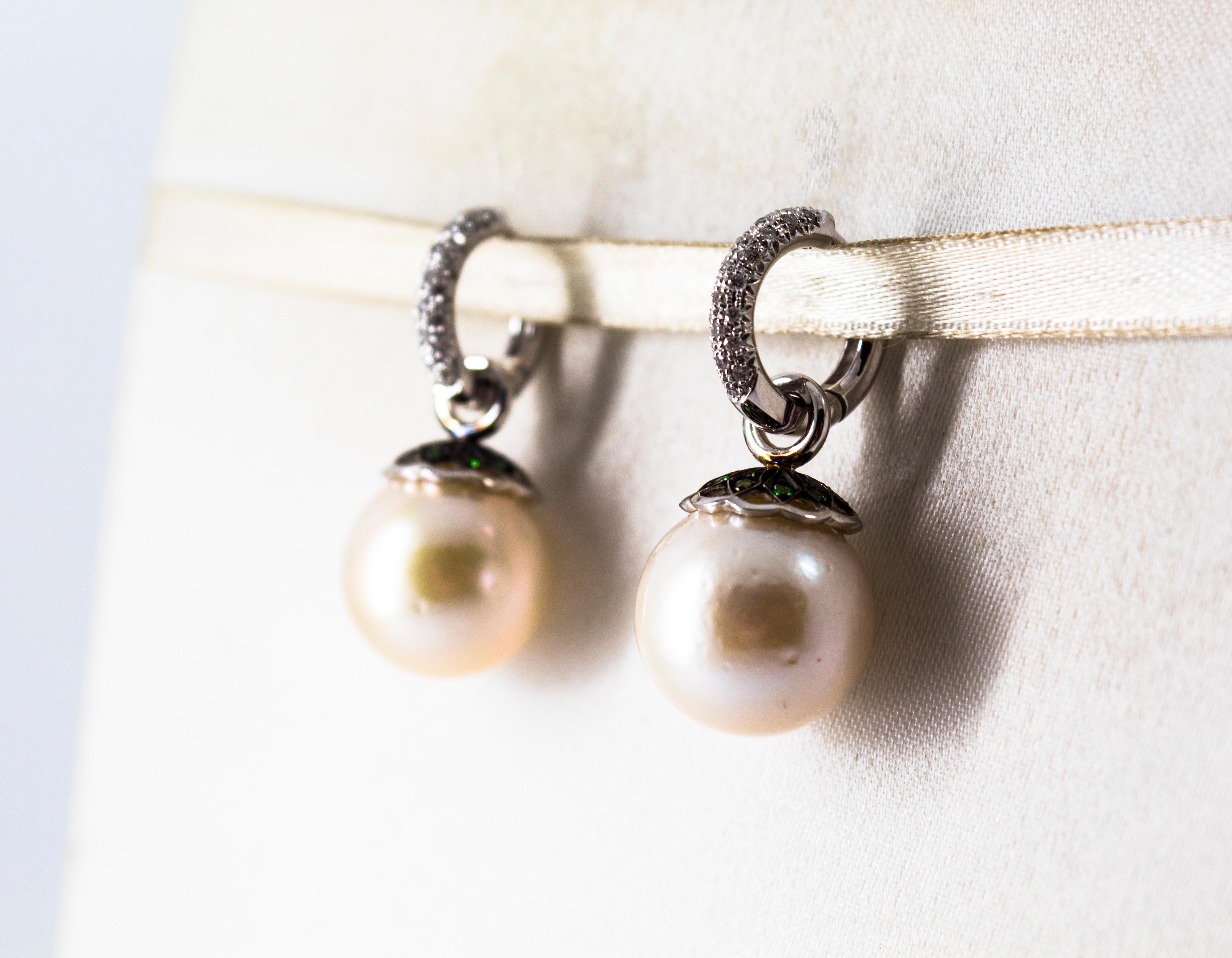 Art Nouveau 0.55 Carat White Diamond Emerald Pearl White Gold Dangle Earrings 1