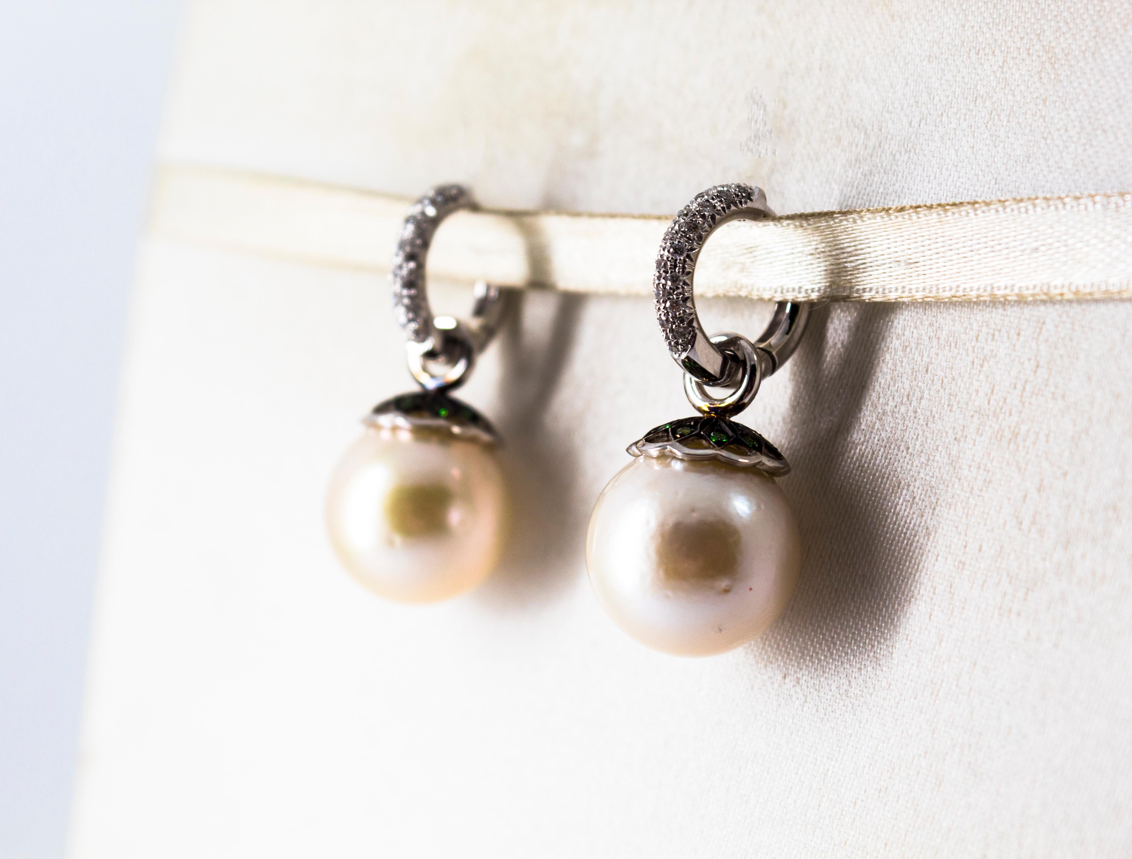 Women's or Men's Art Nouveau 0.55 Carat White Diamond Emerald Pearl White Gold Dangle Earrings For Sale