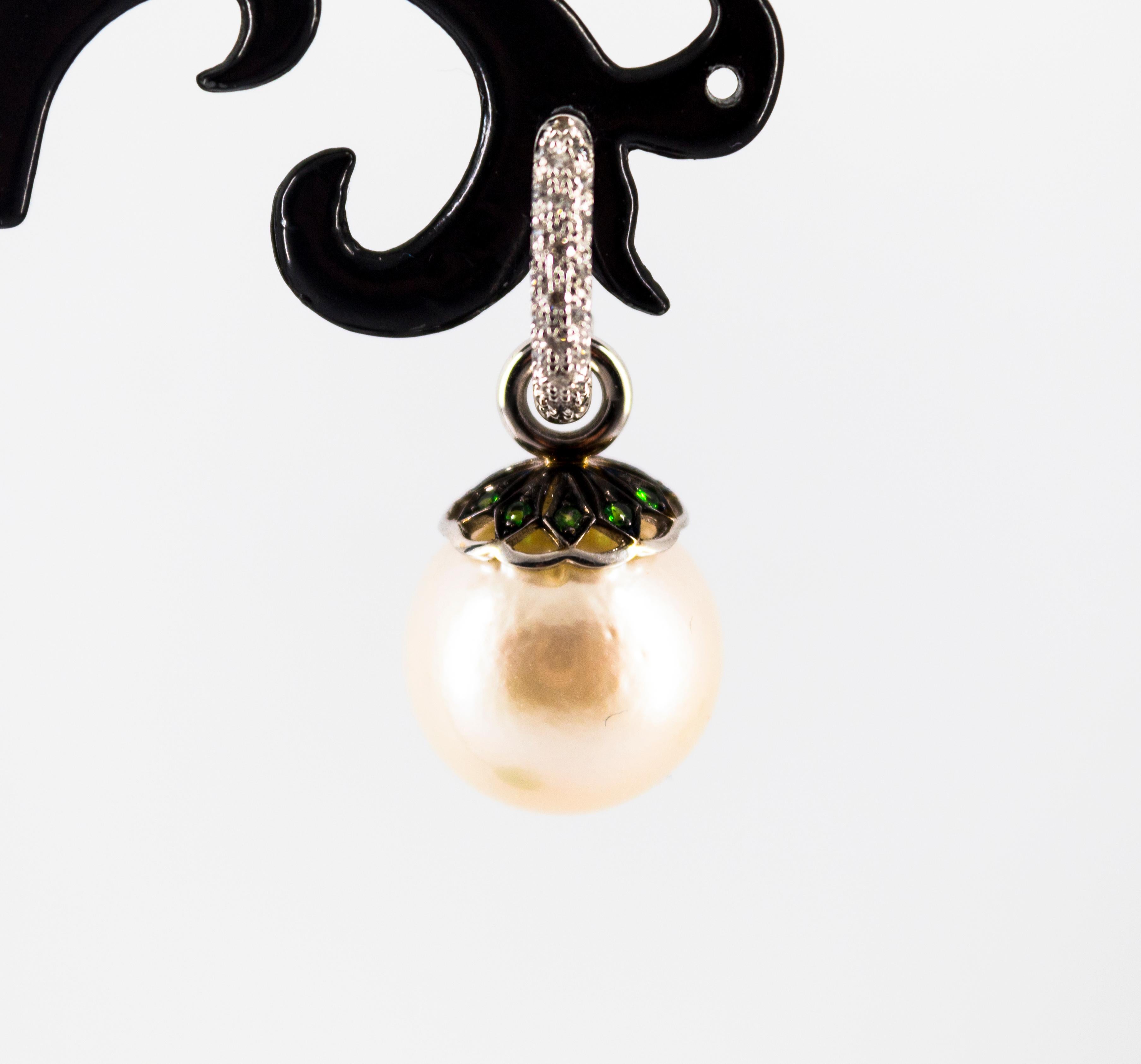 Art Nouveau 0.55 Carat White Diamond Emerald Pearl White Gold Dangle Earrings For Sale 3