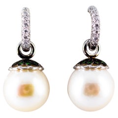 Art Nouveau 0.55 Carat White Diamond Emerald Pearl White Gold Dangle Earrings