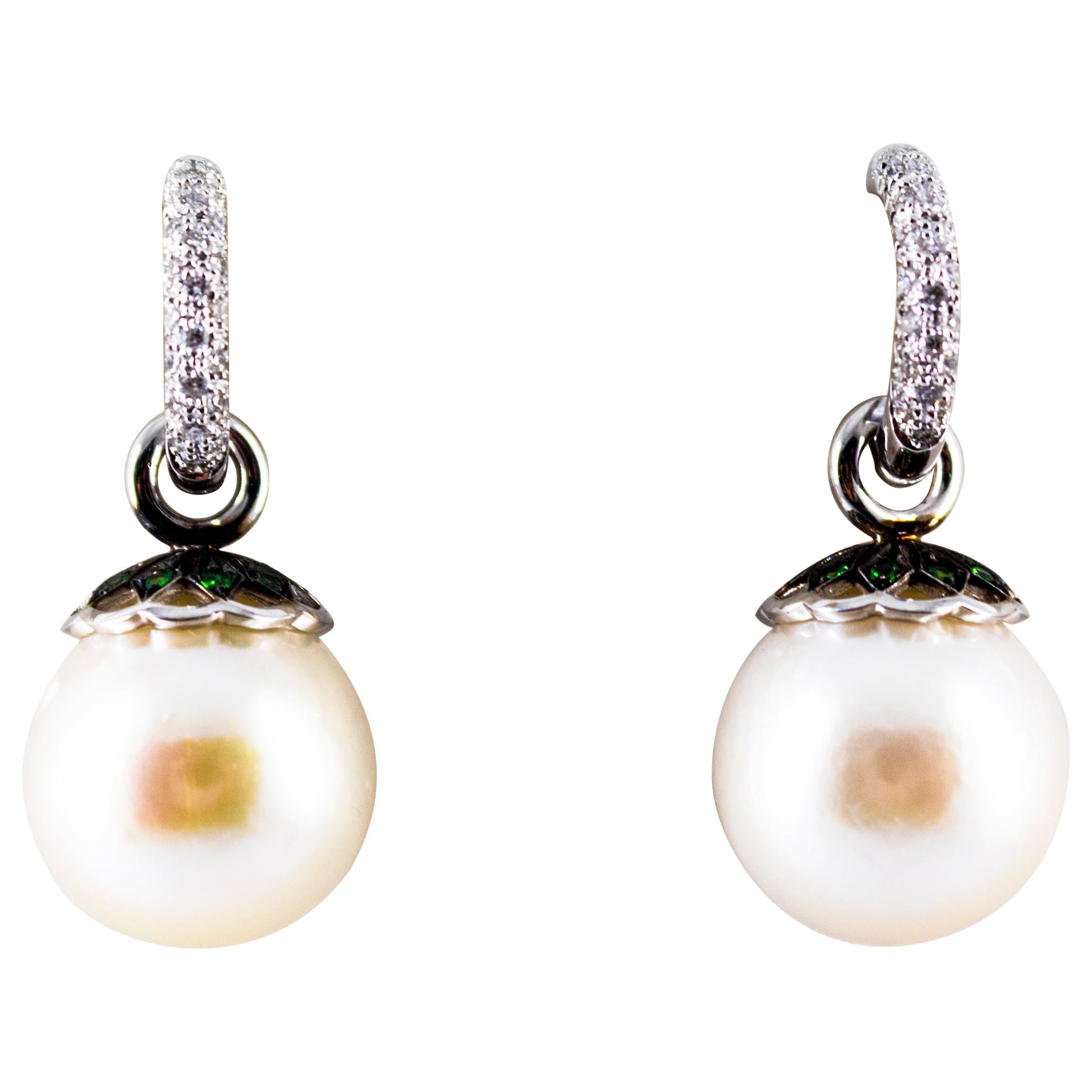 Art Nouveau 0.55 Carat White Diamond Emerald Pearl White Gold Dangle Earrings