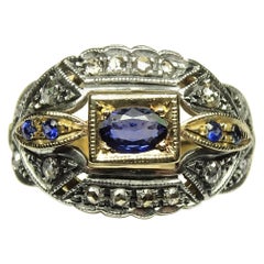 Antique Art Nouveau 0.58 Carat Sapphire Rose Cut Diamonds 14 Karat Yellow Gold Ring