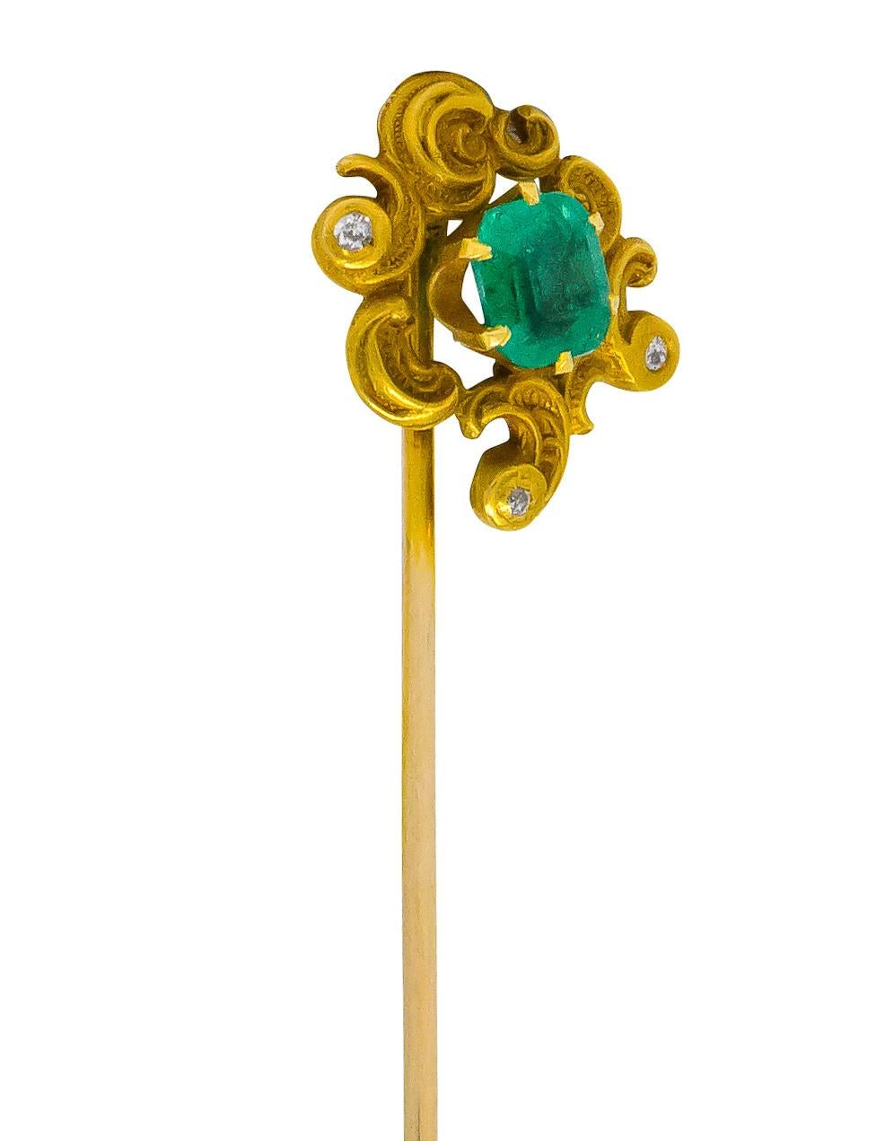 Women's or Men's Art Nouveau 0.61 Carat Emerald Diamond Paisley Whiplash Stickpin