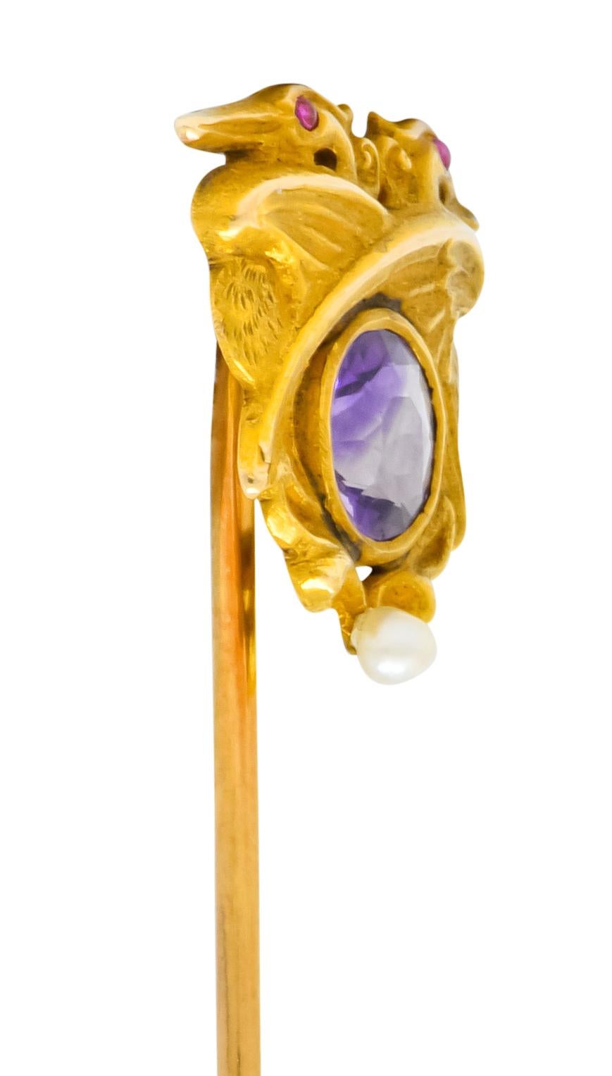 Art Nouveau 0.65 CTW Amethyst Natural Freshwater Pearl 14 Karat Gold Pterodactyl 2