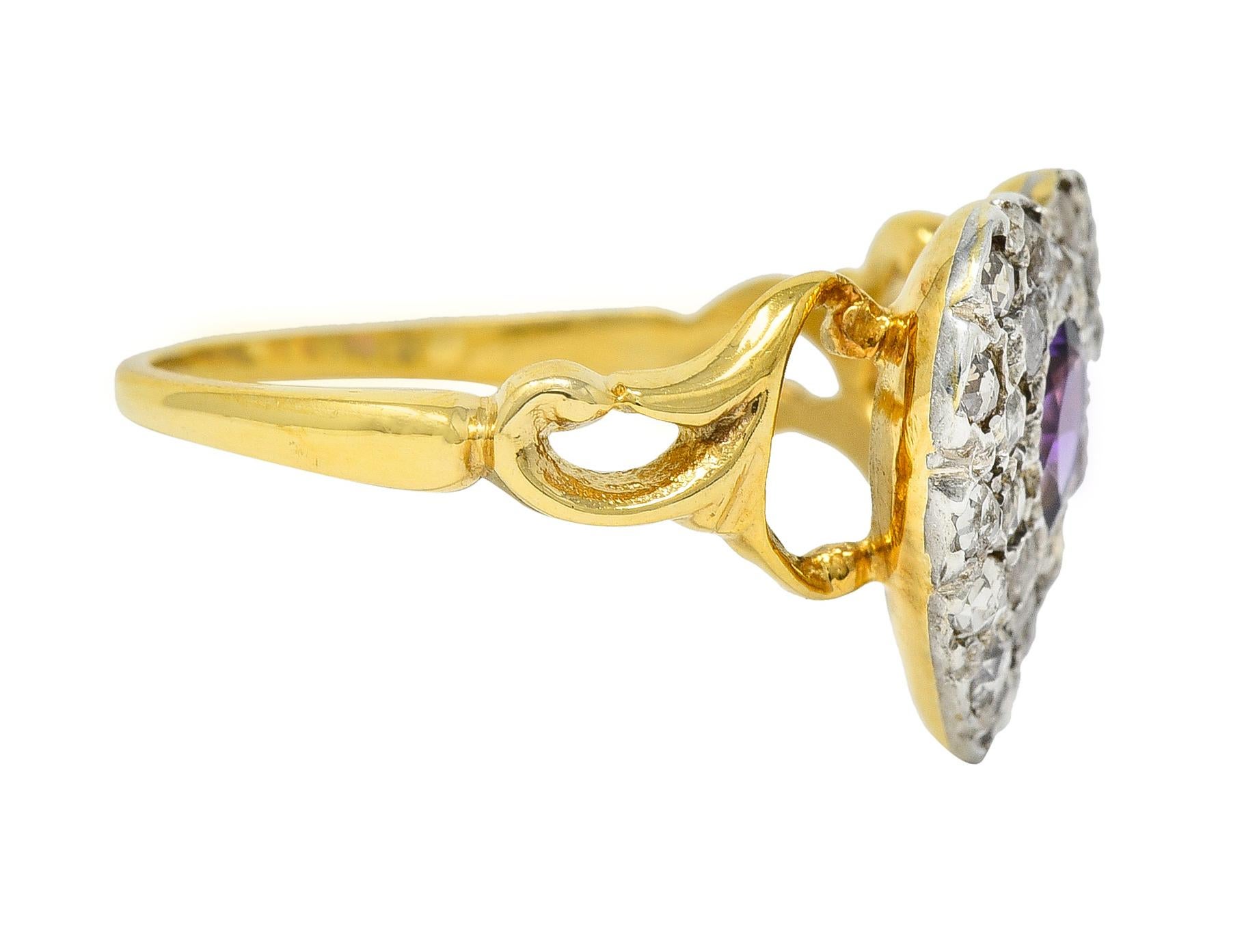 Pear Cut Art Nouveau 0.74 CTW Diamond Amethyst Silver 14 Karat Gold Antique Heart Ring