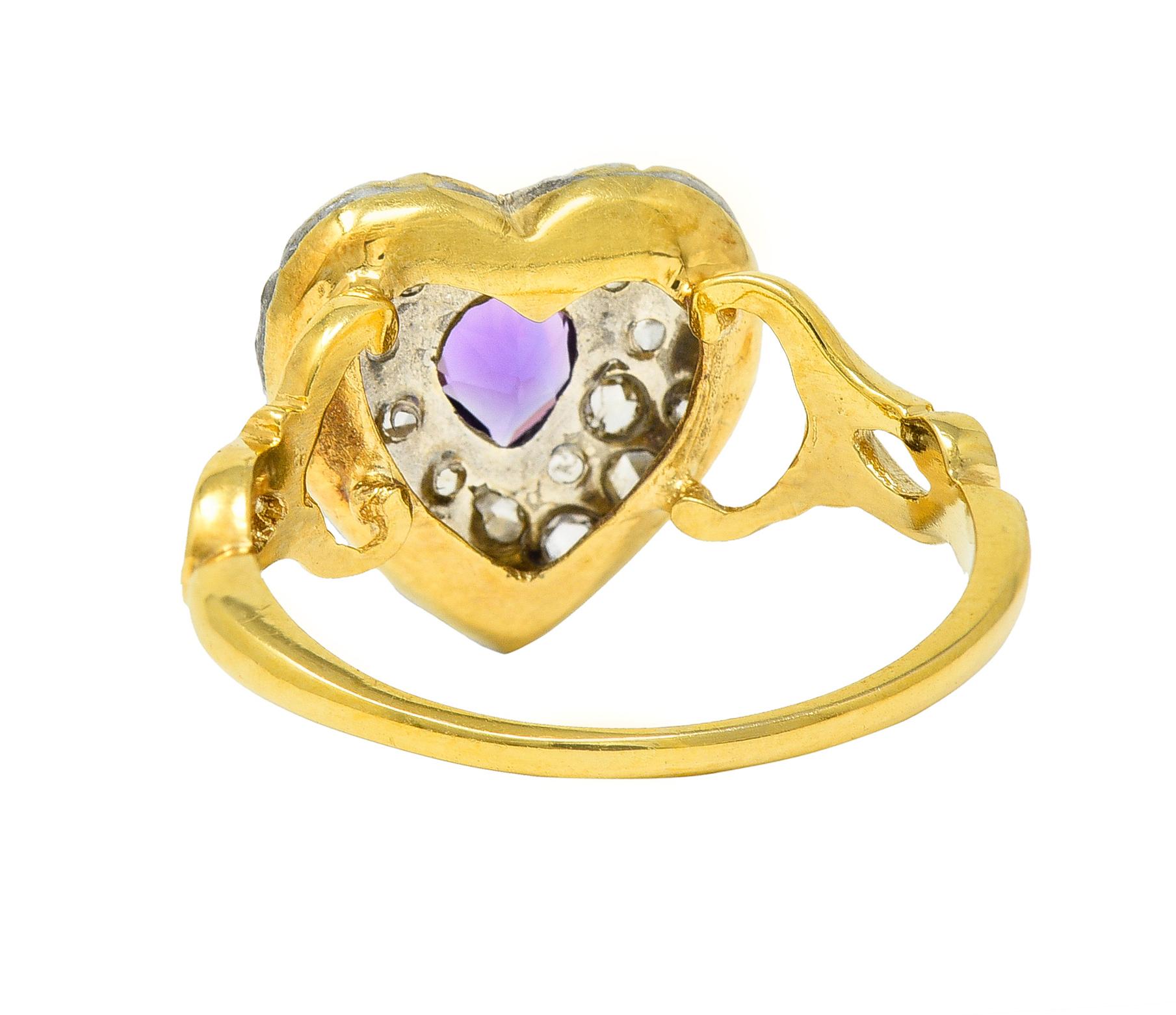 Art Nouveau 0.74 CTW Diamond Amethyst Silver 14 Karat Gold Antique Heart Ring In Excellent Condition In Philadelphia, PA