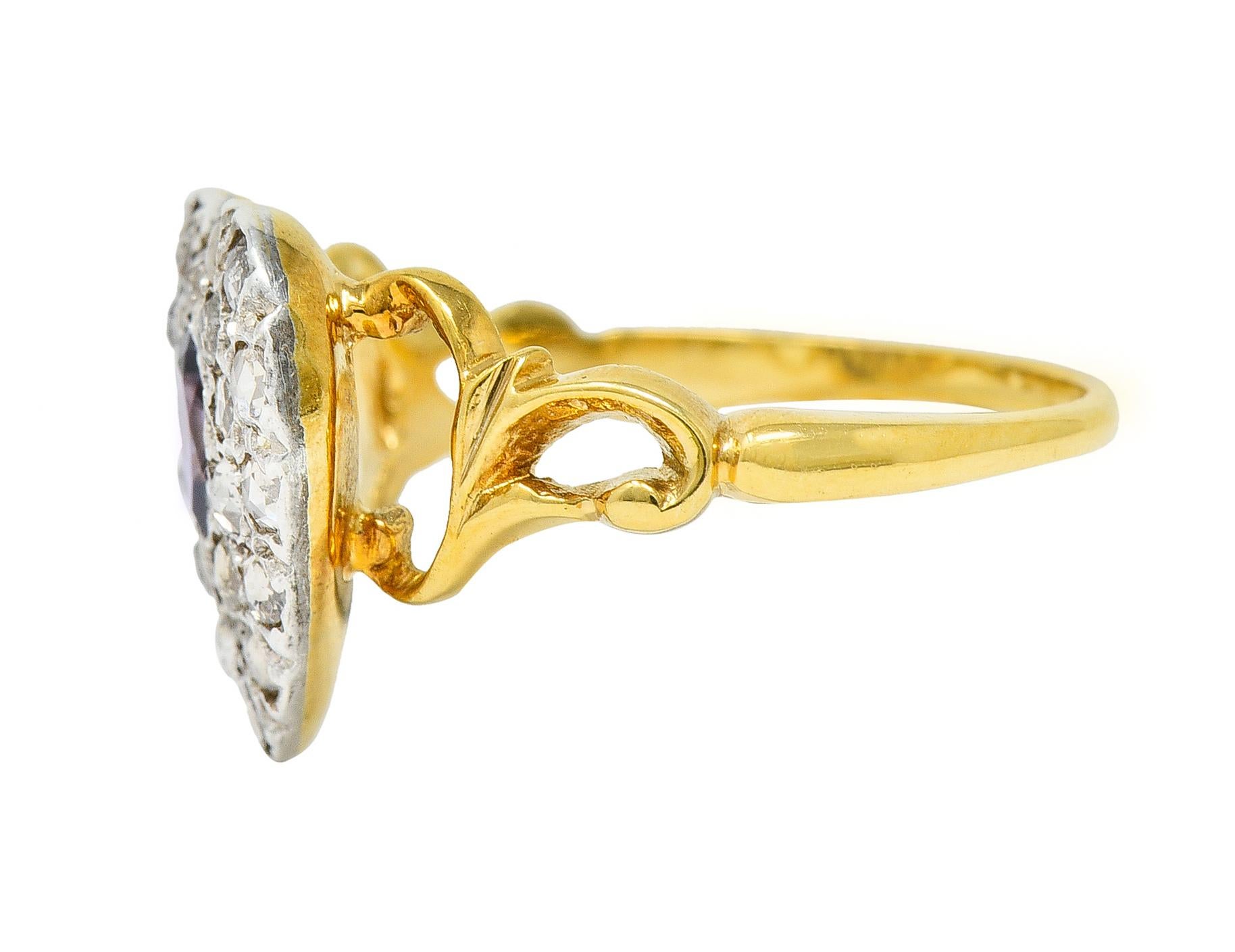 Women's or Men's Art Nouveau 0.74 CTW Diamond Amethyst Silver 14 Karat Gold Antique Heart Ring