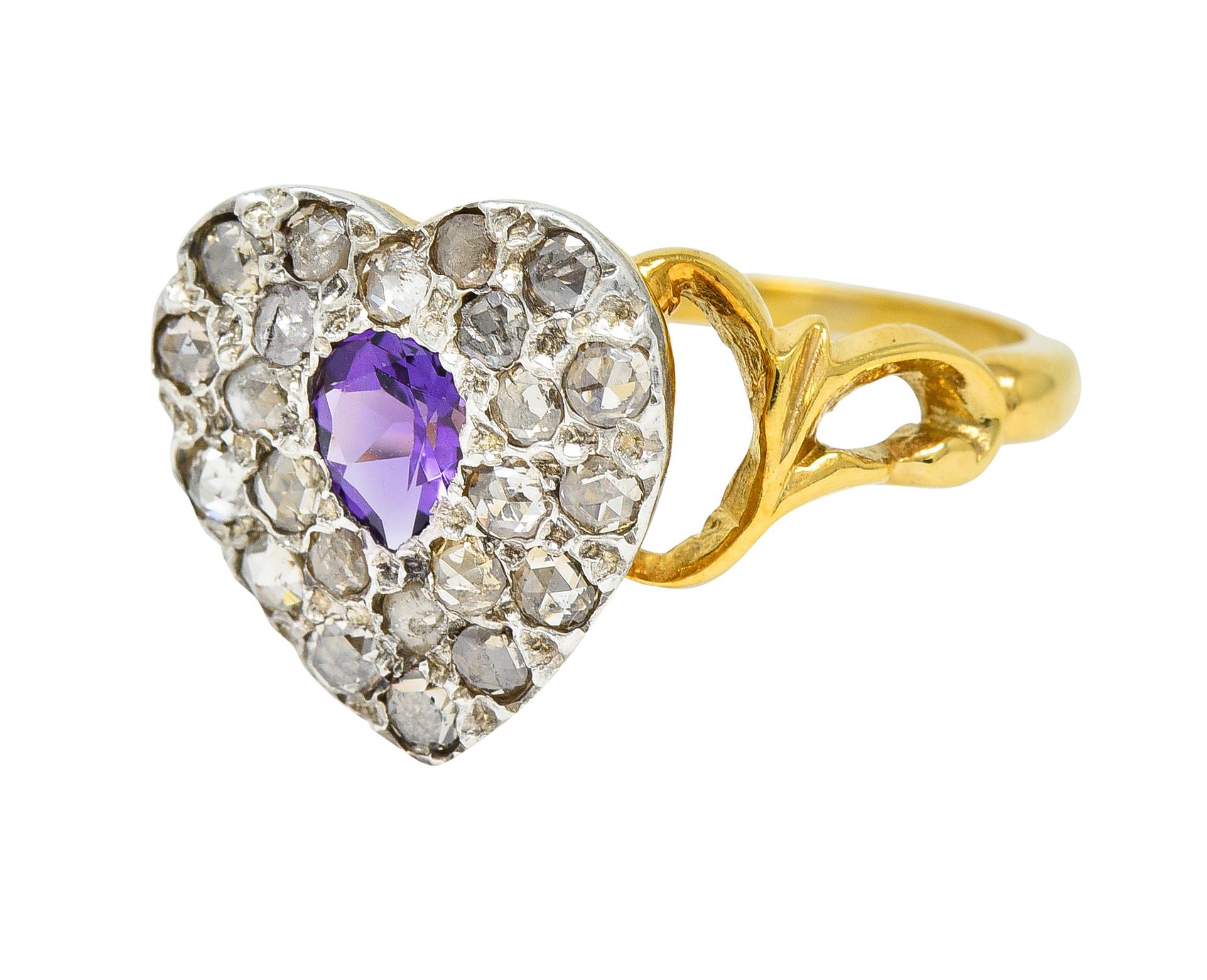 Art Nouveau 0.74 CTW Diamond Amethyst Silver 14 Karat Gold Antique Heart Ring 1