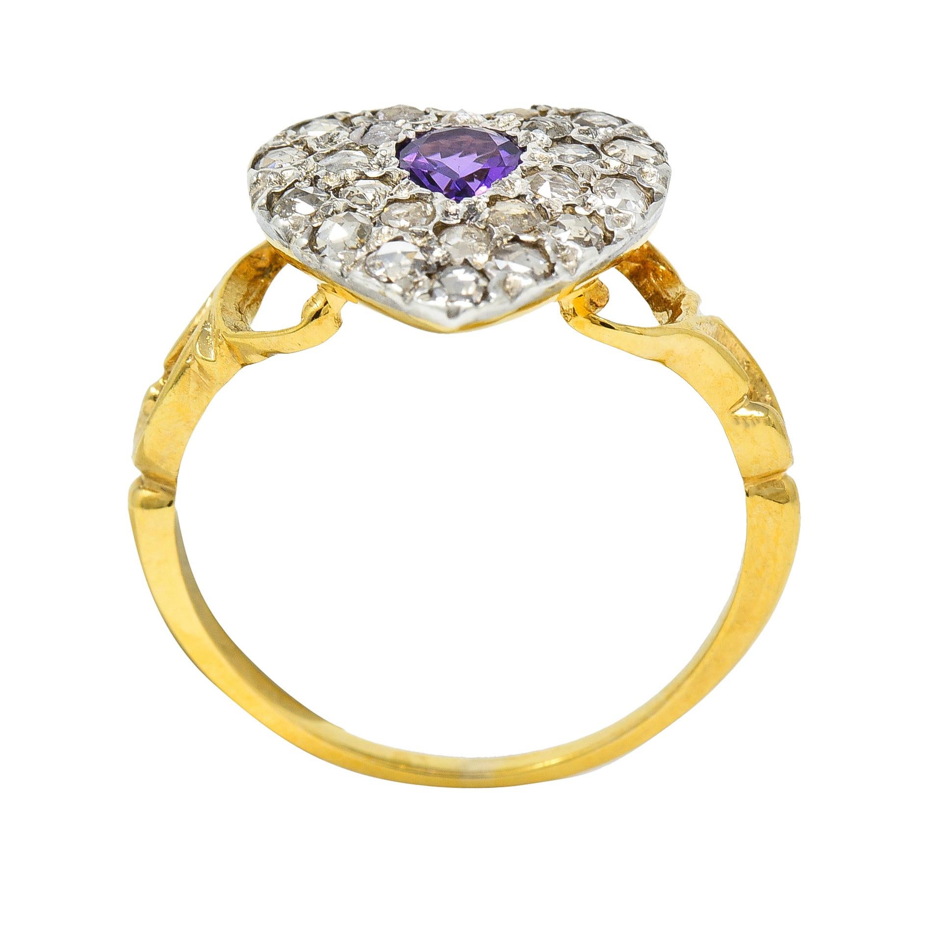 Art Nouveau 0.74 CTW Diamond Amethyst Silver 14 Karat Gold Antique Heart Ring 2