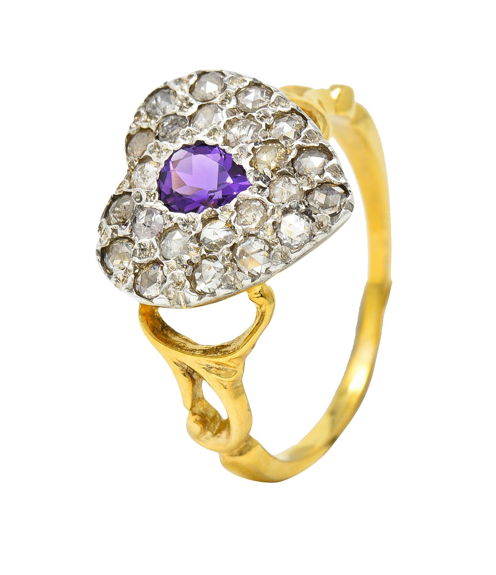 Art Nouveau 0.74 CTW Diamond Amethyst Silver 14 Karat Gold Antique Heart Ring 4