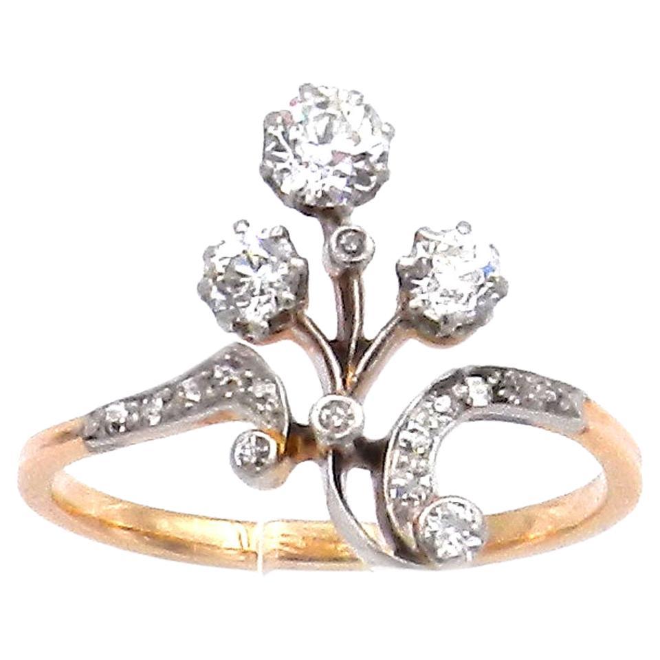 Art Nouveau 0.75 Carat Diamond Gold and Platinum Flower Ring, circa 1910 For Sale
