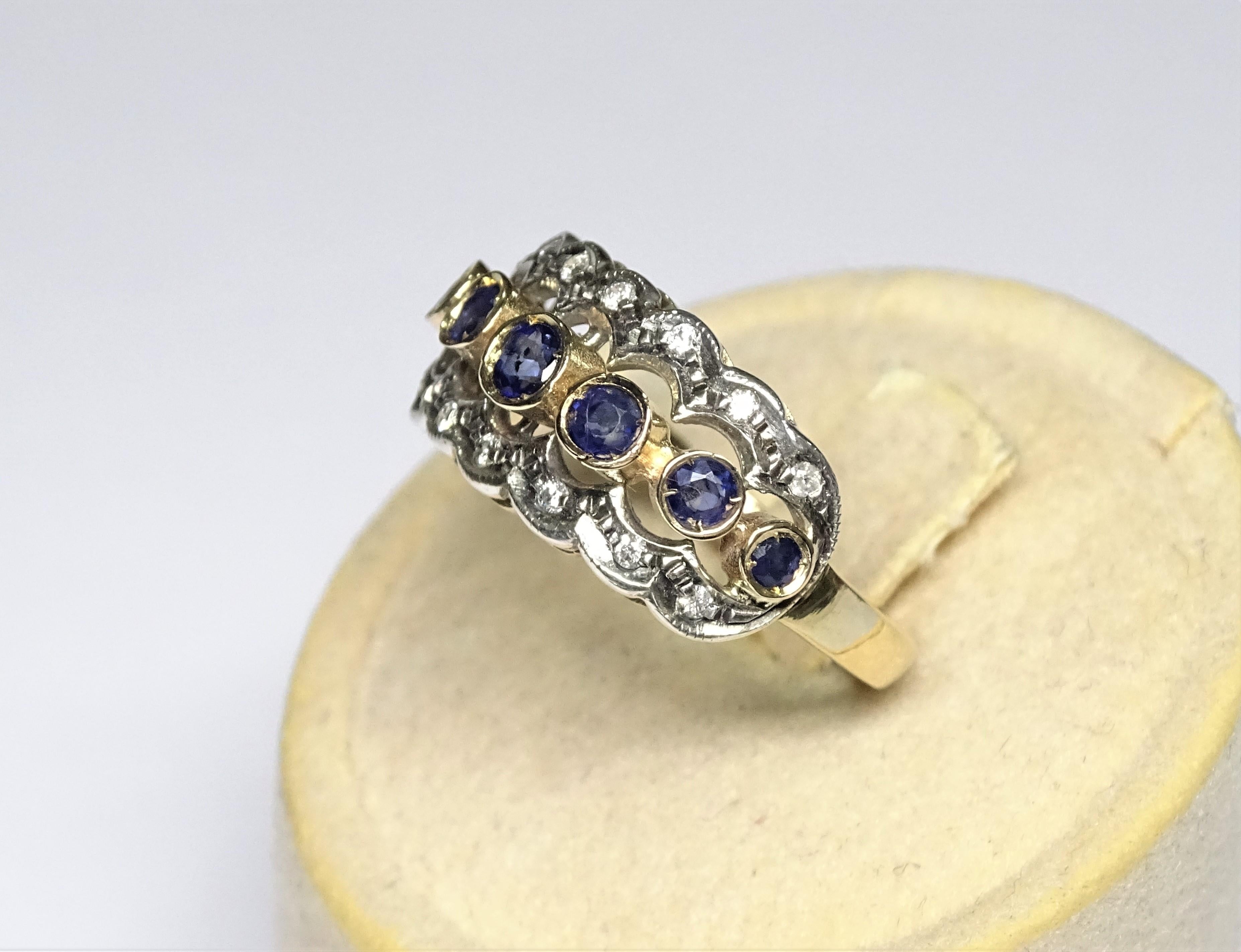 Art Nouveau 0.80 Carat Sapphire White Diamonds 14 Karat Yellow Gold Ring In New Condition For Sale In Marcianise, IT